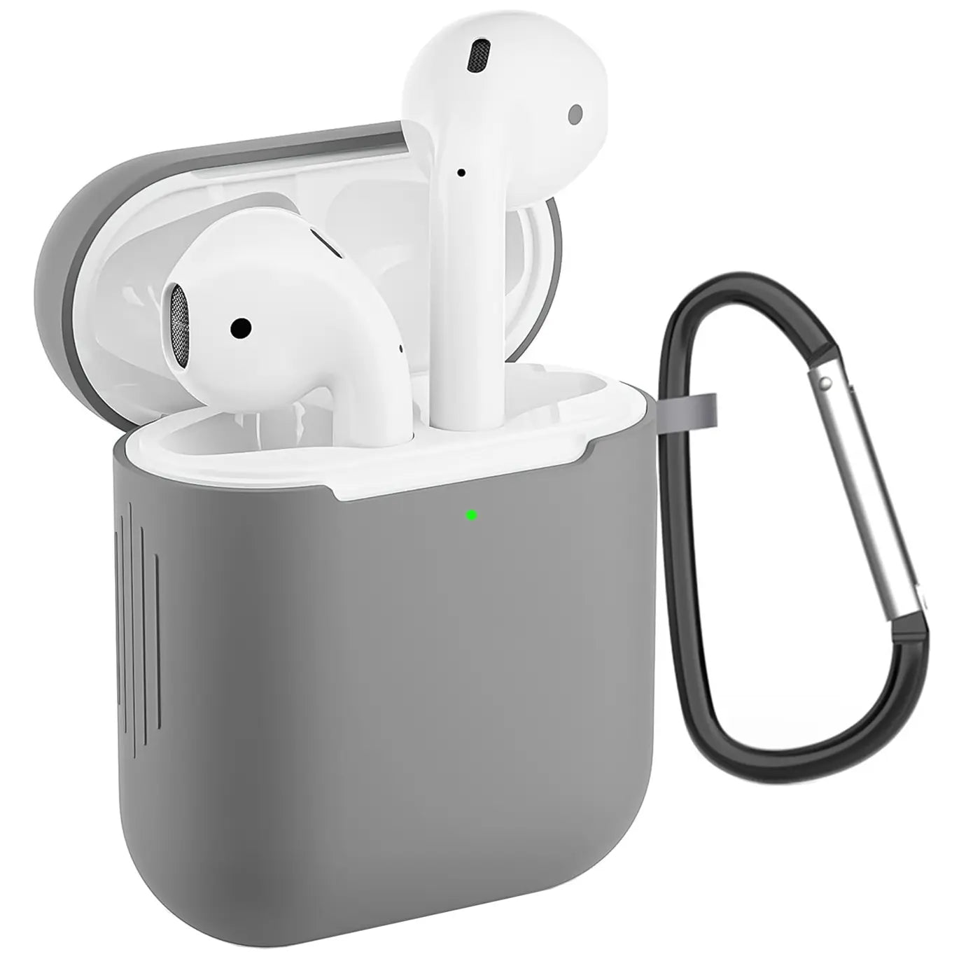 Graue Silikonhülle für AirPods 1/2 Ladecase, offen mit weißen AirPods und grünem LED-Licht, Karabinerhaken rechts.
