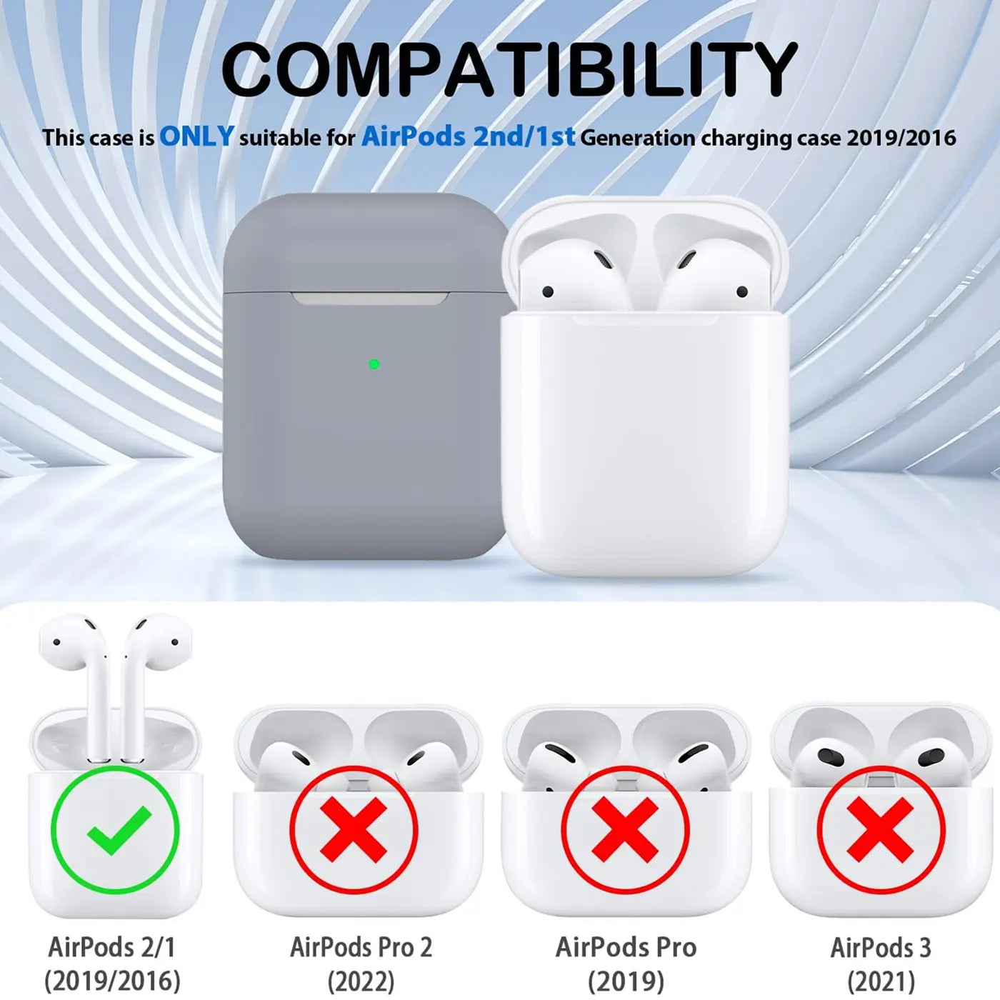 Graue Silikonhülle für AirPods 1/2 Ladecase, geschlossen, daneben ein offenes weißes AirPods 1/2 Ladecase mit Kopfhörern.