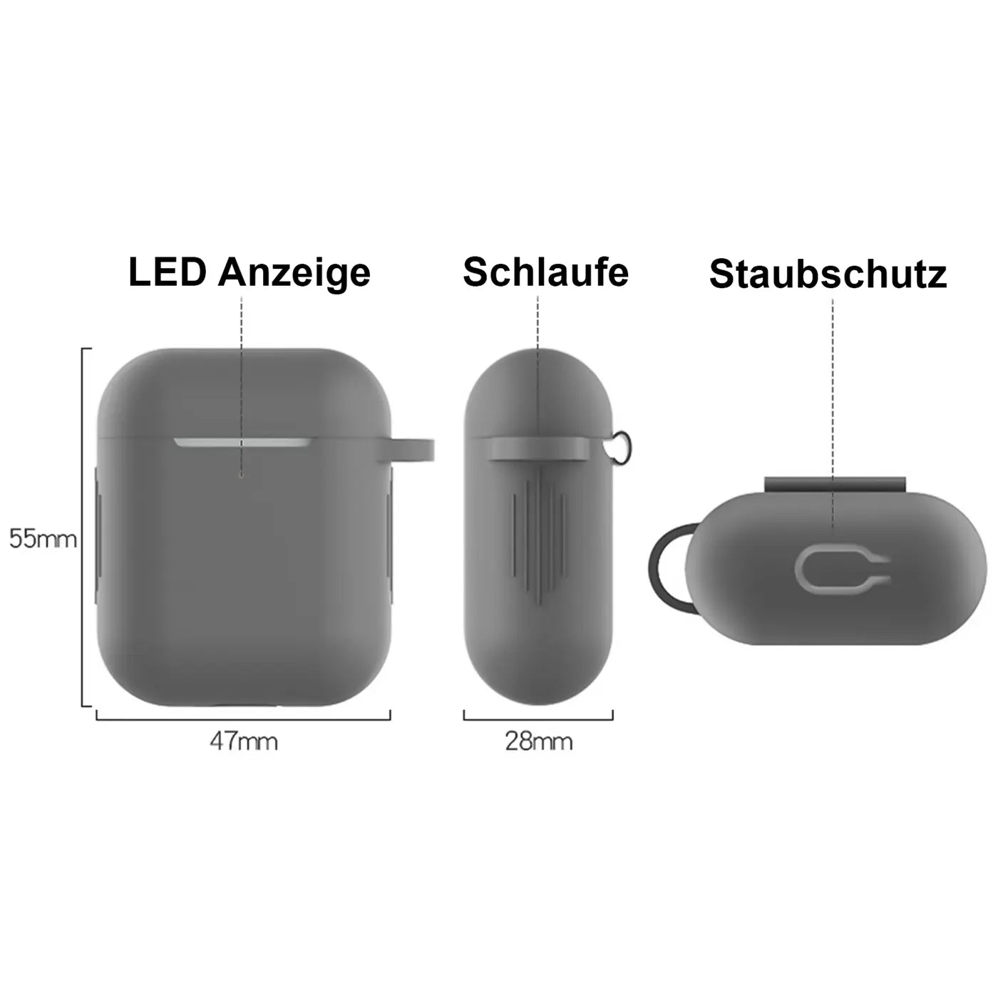 Drei Ansichten einer grauen Silikonhülle für AirPods 1/2: Vorderseite, Seitenansicht mit Schlaufe, Unterseite mit.