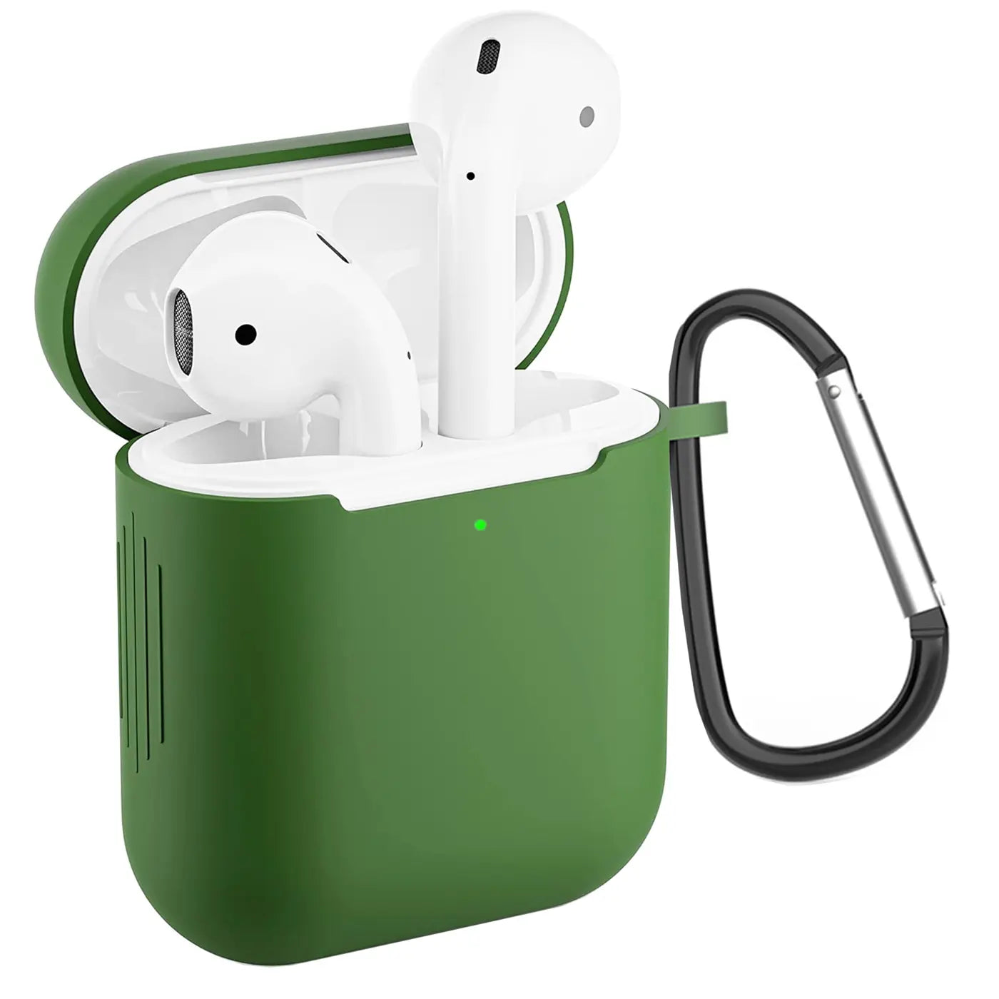 Grüne Silikonhülle für AirPods 1/2 Ladecase, offen mit eingesetzten AirPods, Karabinerhaken rechts, schräg von vorne.