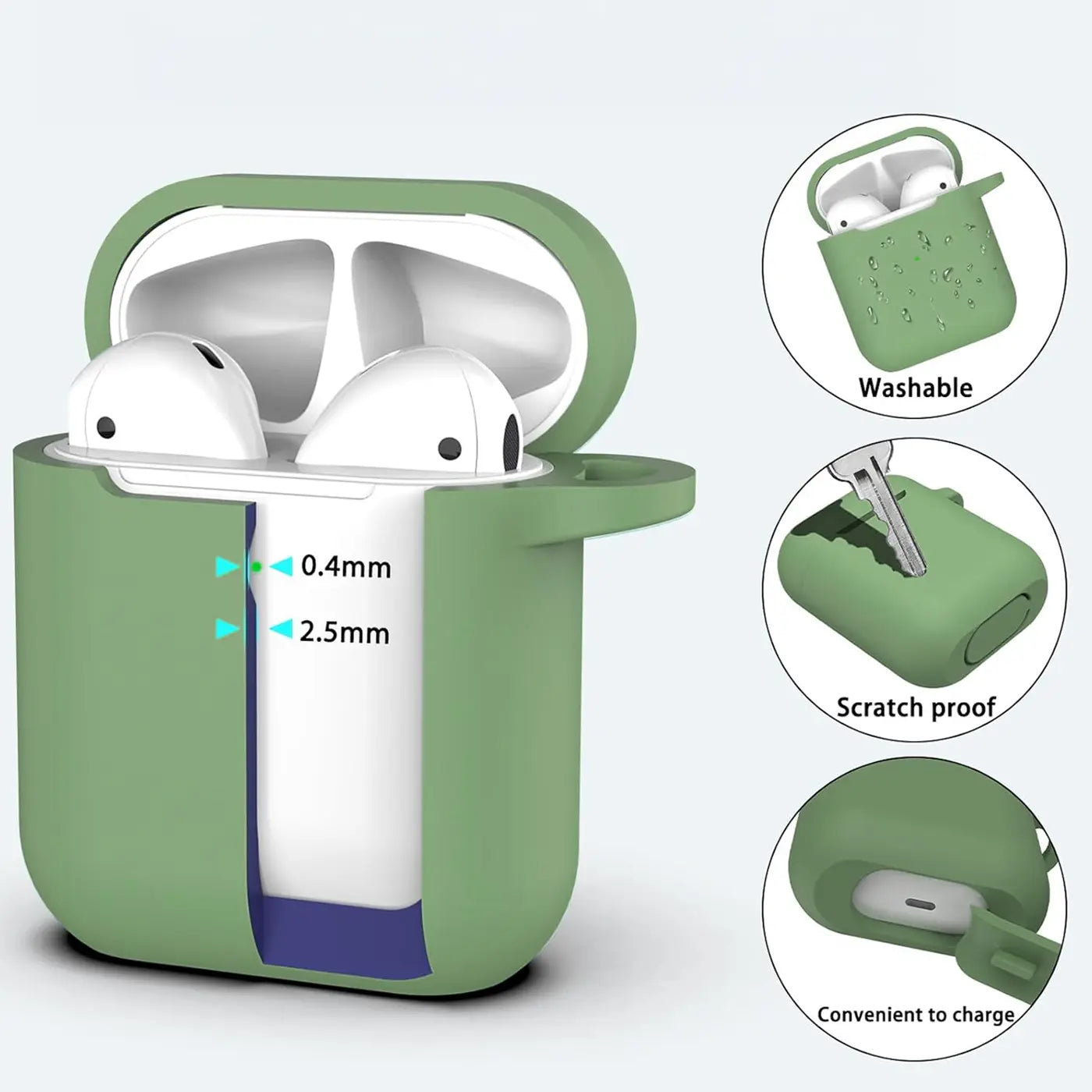 Grüne Silikonhülle für AirPods 1/2 mit Karabiner, teilweise aufgeschnitten, um die Passform zu zeigen.
