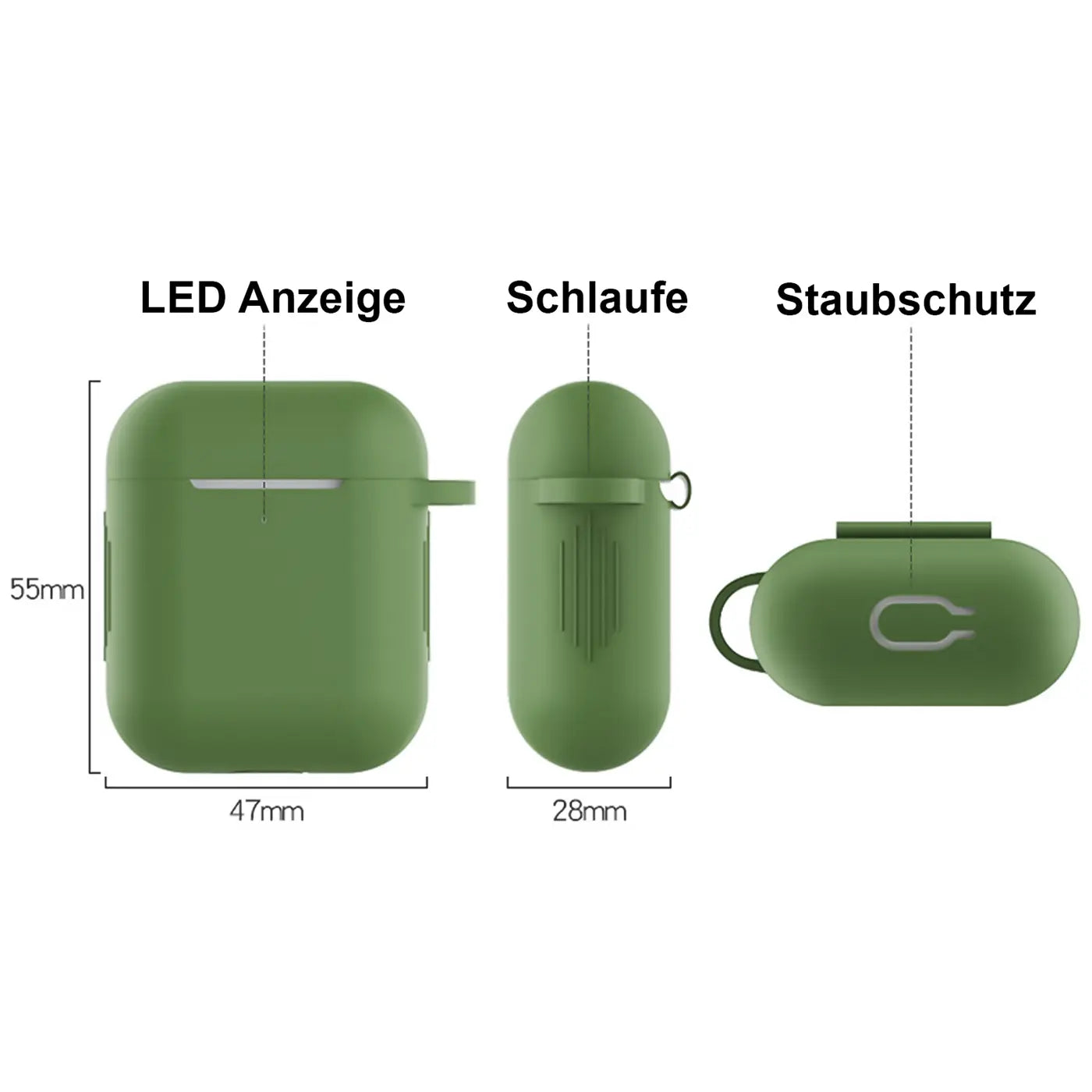 Drei Ansichten einer grünen Silikonhülle für AirPods 1/2 mit Karabiner, LED-Anzeige, Schlaufe und Staubschutz.