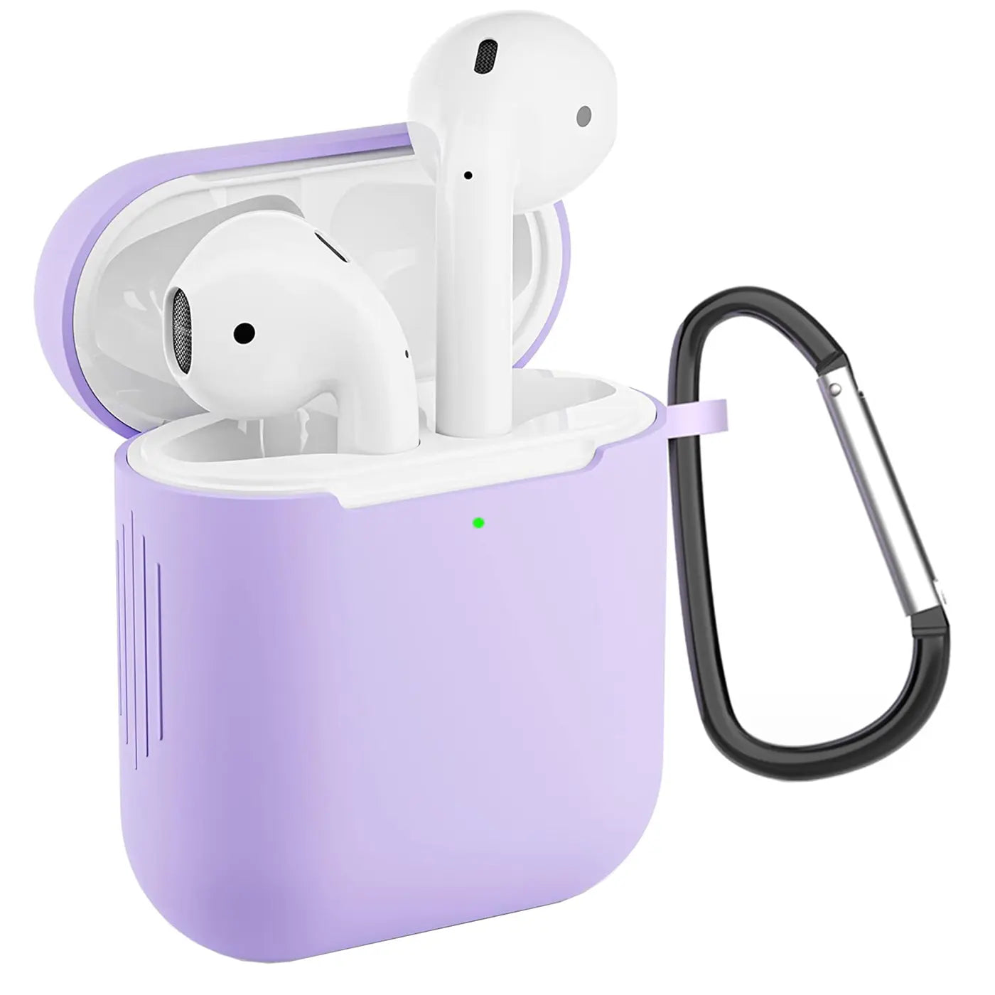 Lila Silikonhülle für AirPods 1/2, offen mit eingesetzten weißen AirPods, grüner LED und schwarzem Karabiner.