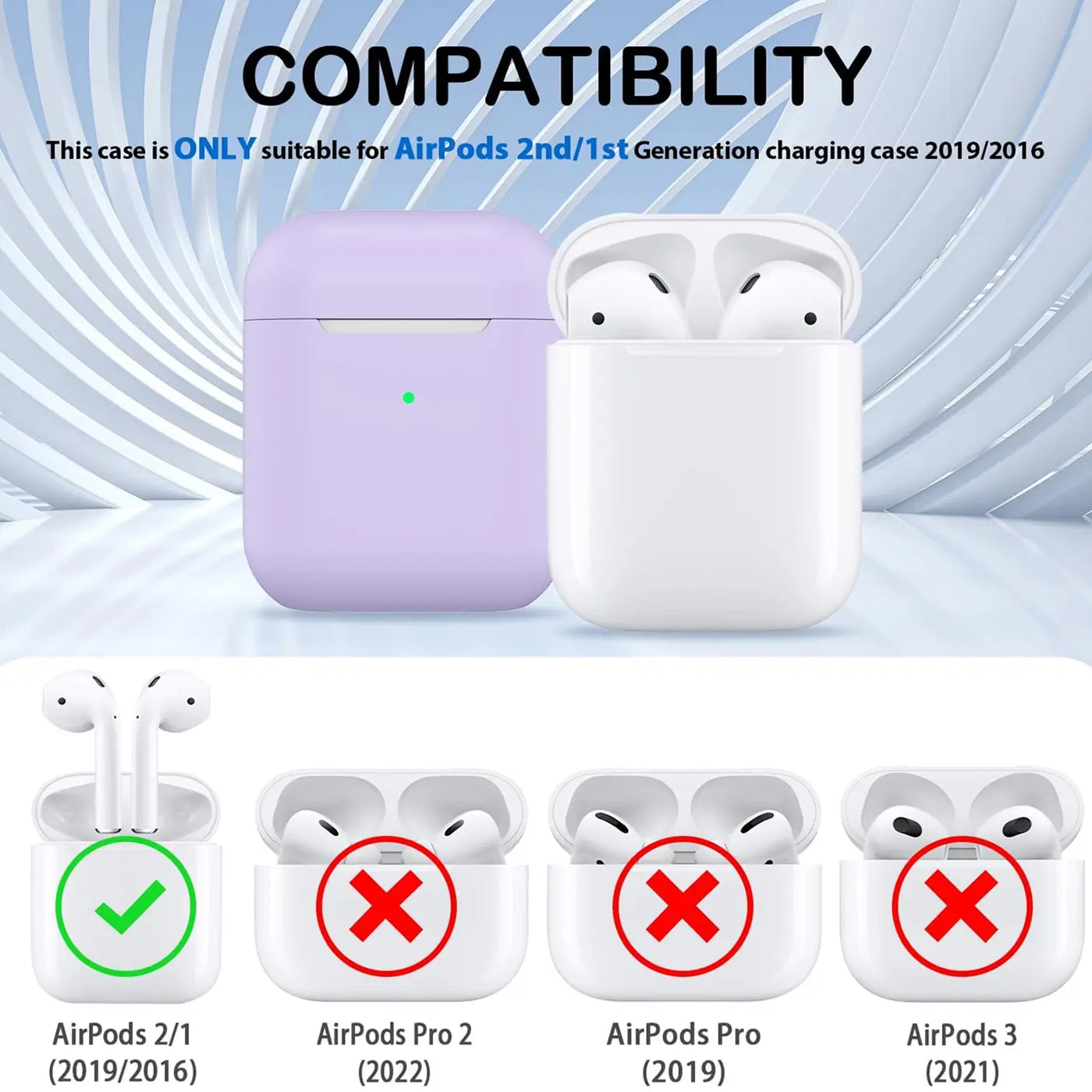 Lila Silikonhülle für AirPods 1/2 Ladecase, geschlossen, daneben offenes weißes Ladecase mit AirPods. Frontalansicht.