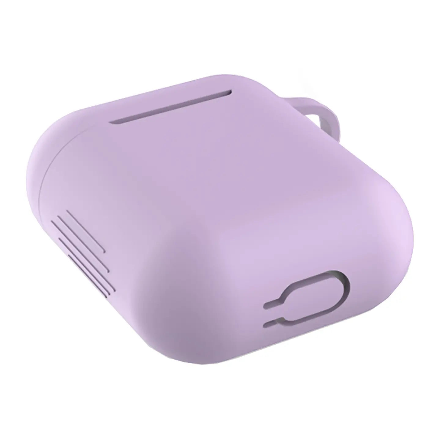 Lila Silikonhülle für AirPods 1/2 mit Karabineröse, Ladeanschluss-Aussparung und Lüftungsschlitzen, schräg von oben.
