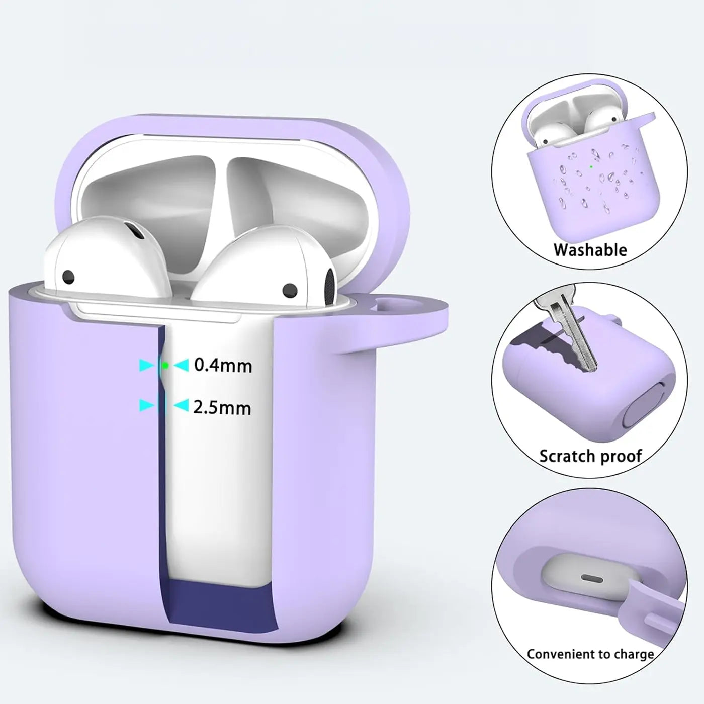Lila Silikonhülle für AirPods 1/2 mit offenem Deckel, zeigt die weißen AirPods und die Hüllenstärke. Drei Detailansichten.
