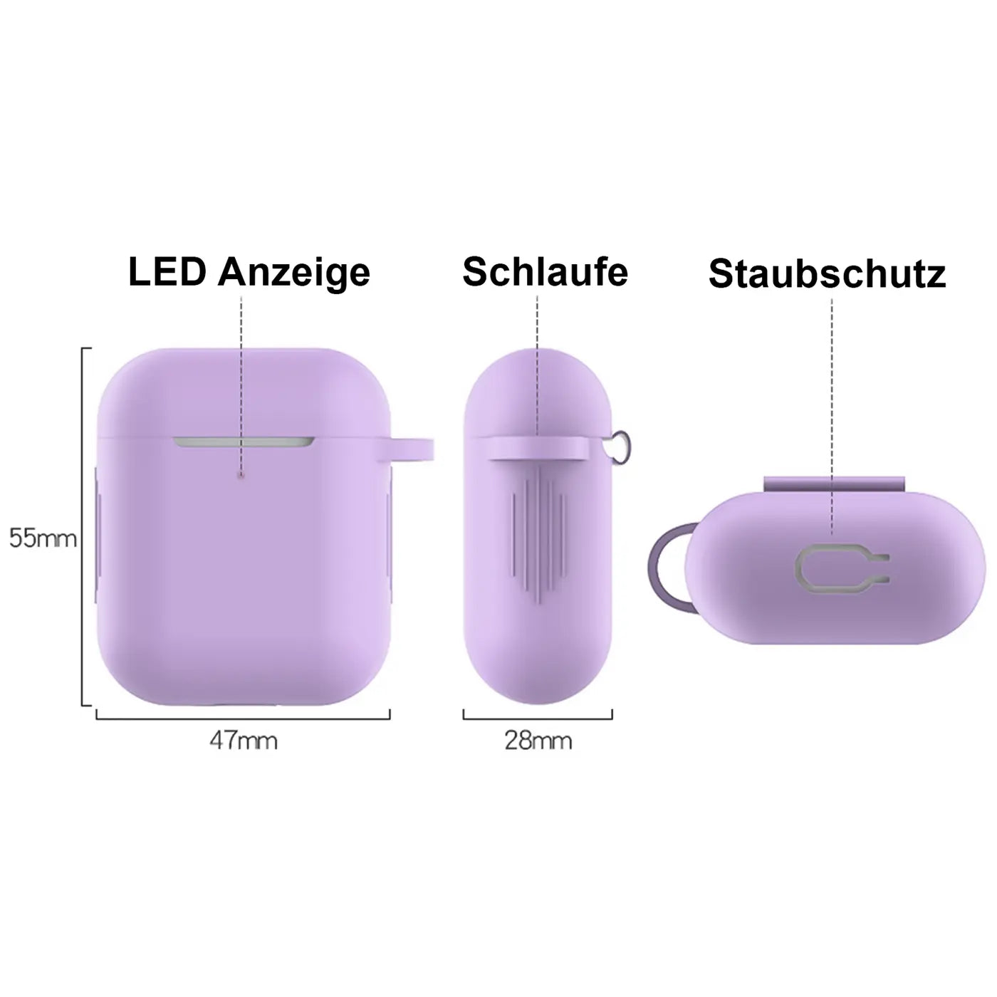 Lila Silikonhülle für AirPods 1/2 mit Karabiner, von vorne, Seite und oben, mit Maßen und Beschriftungen.