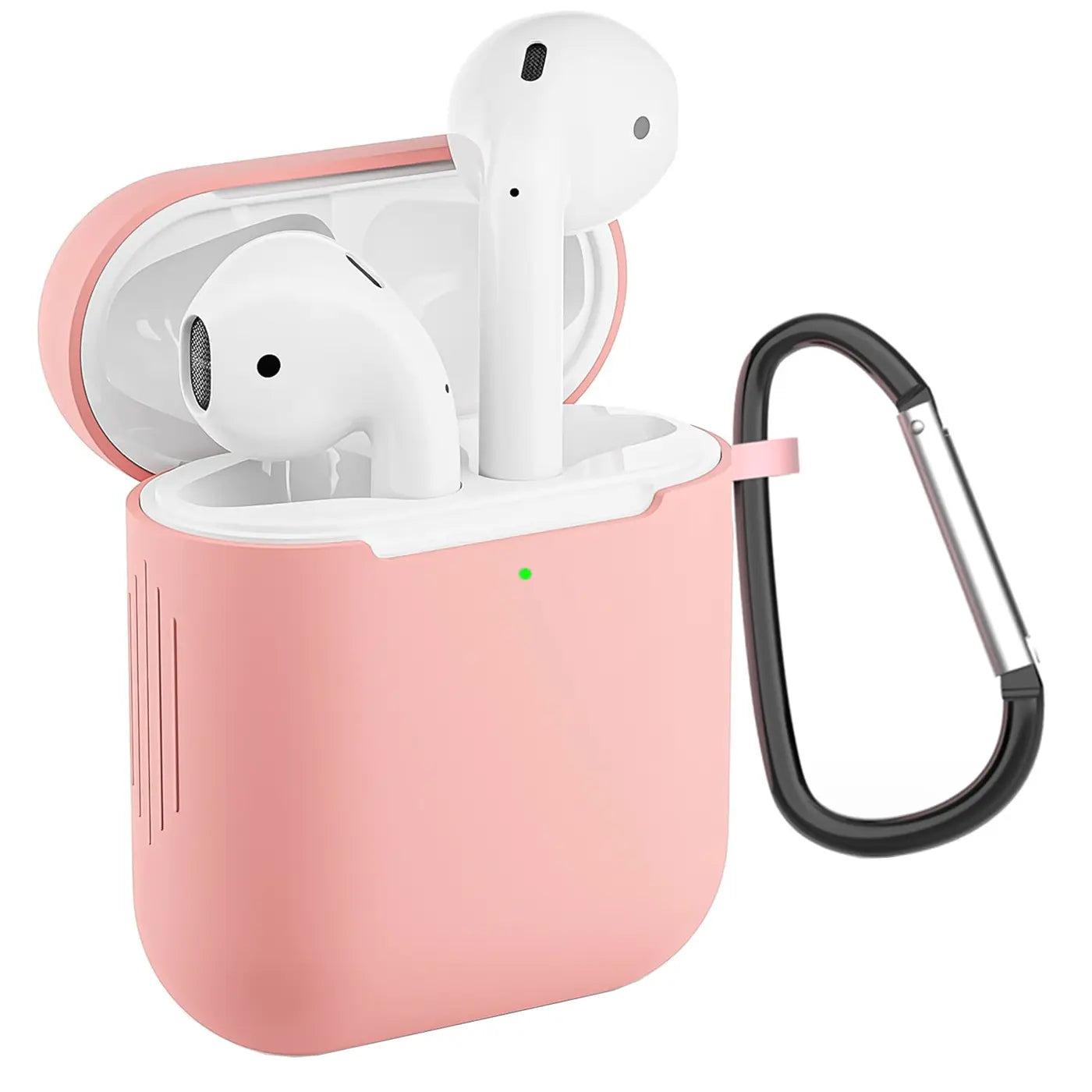 Rosa Silikonhülle für AirPods 1/2 Ladecase, offen, mit eingesetzten weißen AirPods und schwarzem Karabiner.