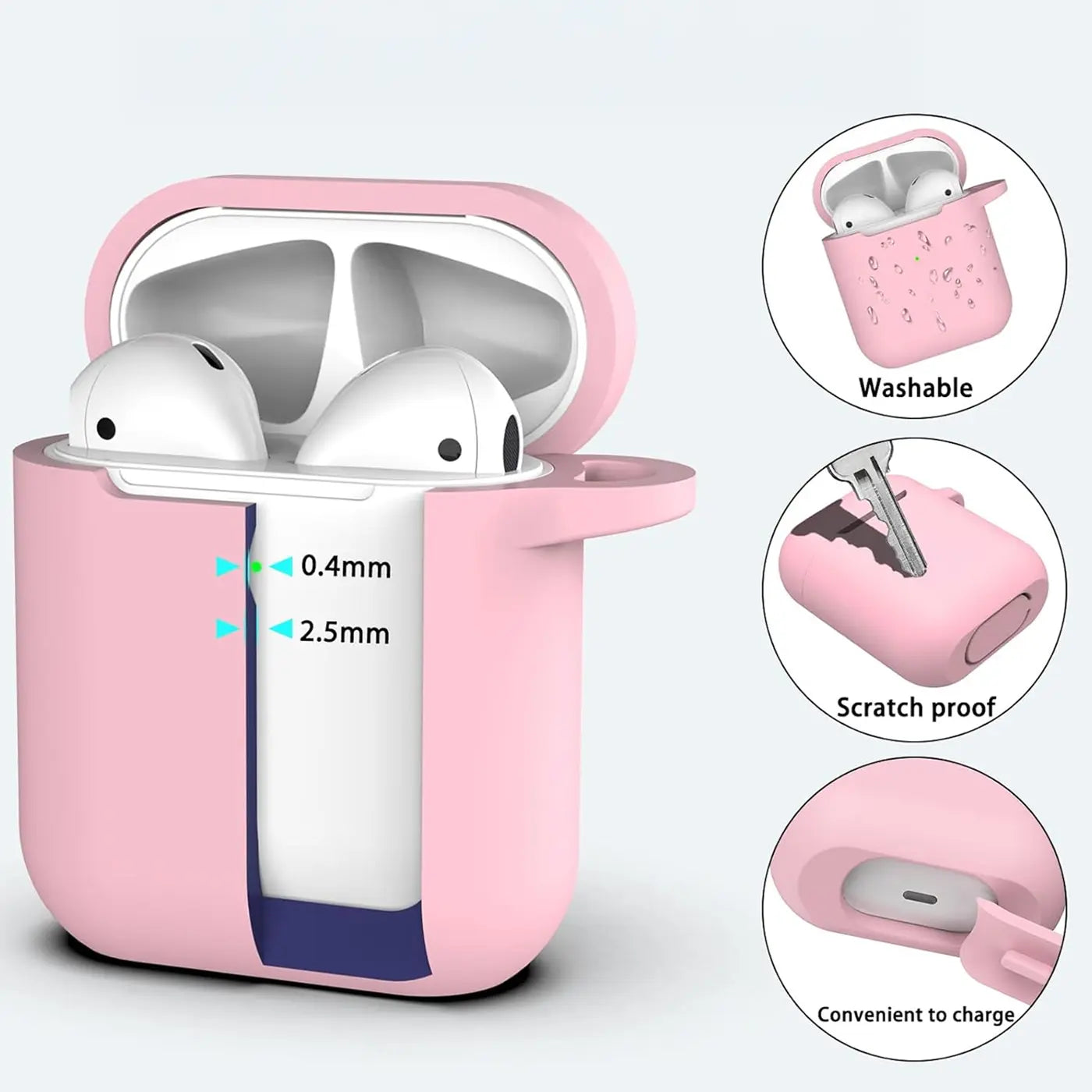 Rosa Silikonhülle für AirPods 1/2 Ladecase, schräg von vorne, mit Schnittbild und drei Detailansichten.