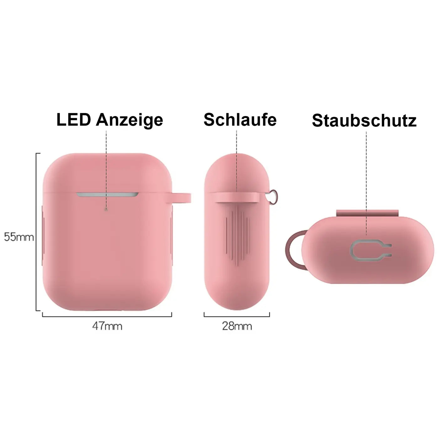 Drei Ansichten einer rosafarbenen Silikonhülle für AirPods 1/2 mit Karabiner, LED-Anzeige und Staubschutz.