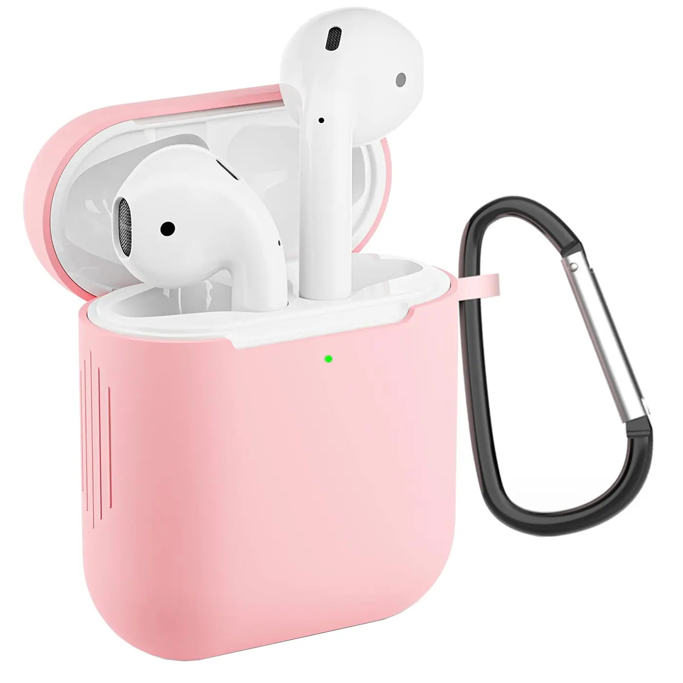 Rosa Silikonhülle für AirPods 1/2 Ladecase, offen mit weißen AirPods und schwarzem Karabiner, leicht schräg von vorne.