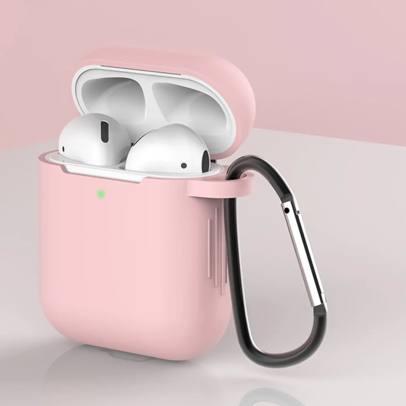 Rosa Silikonhülle für AirPods 1/2 mit offenem Deckel, darin weiße AirPods. Schwarzer Karabinerhaken rechts.