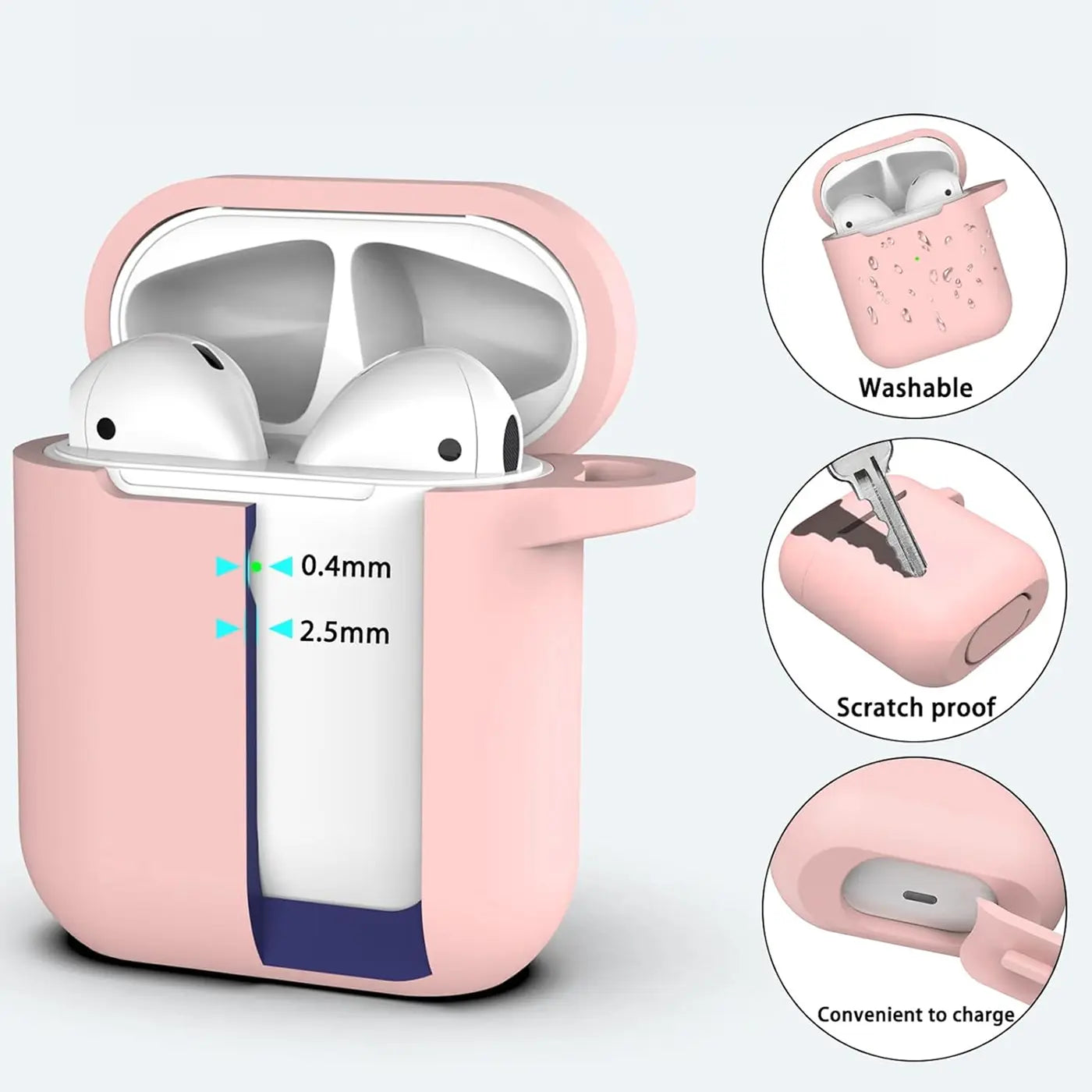 Rosa Silikonhülle für AirPods 1/2, offen mit eingesetzten AirPods. Schnittansicht zeigt 0,4mm und 2,5mm Dicke.