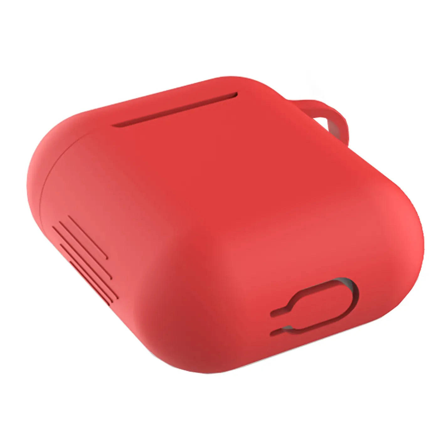 Rote Silikonhülle für AirPods 1/2, schräg von oben, mit Karabineröse und Ladeanschluss-Aussparung.