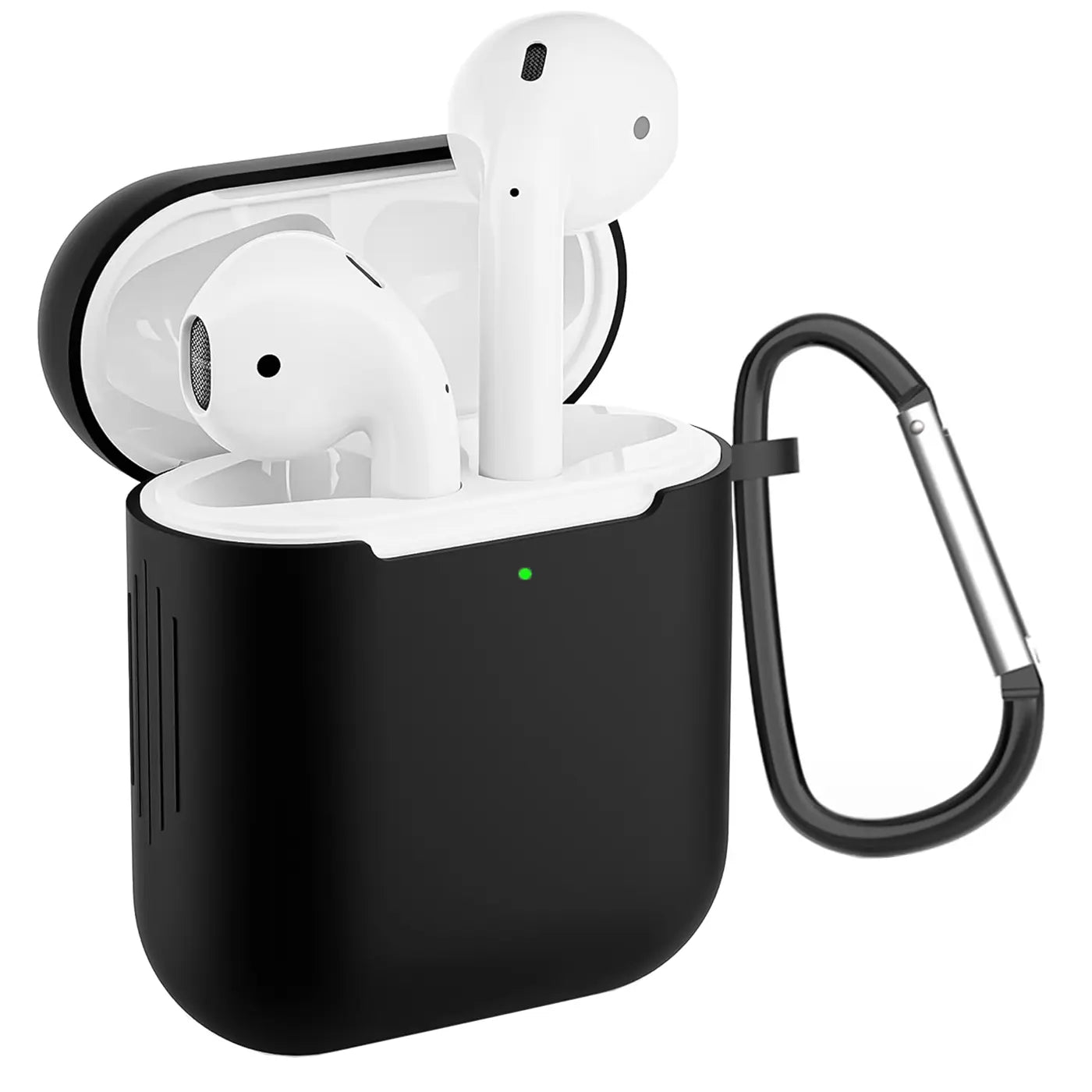 Schwarze Silikonhülle für AirPods 1/2 mit offenem Deckel, darin weiße AirPods, grünes LED, seitlicher Karabiner.