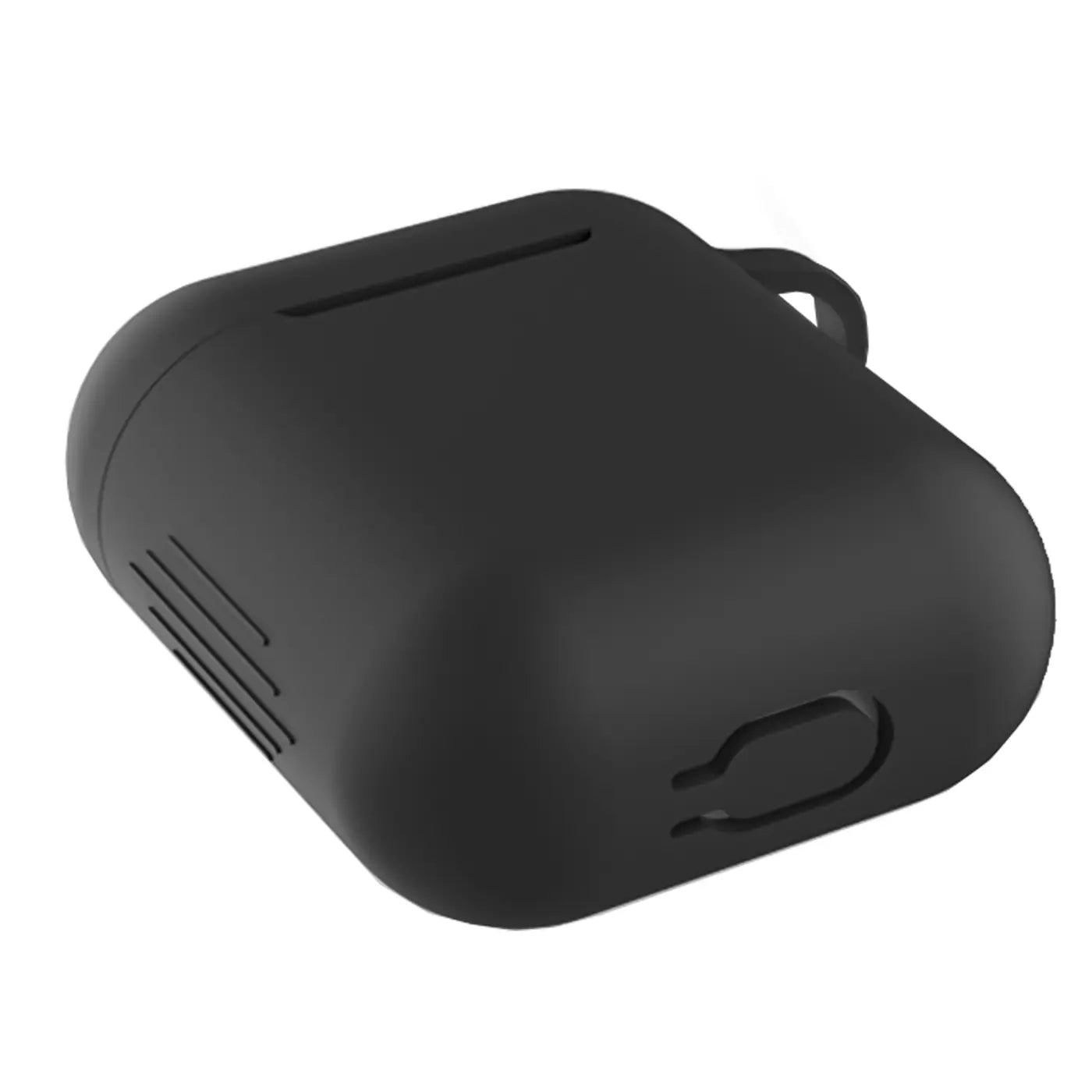 Schwarze Silikonhülle für AirPods 1/2 mit Karabineröse und Ladeanschluss-Öffnung, schräg von oben.