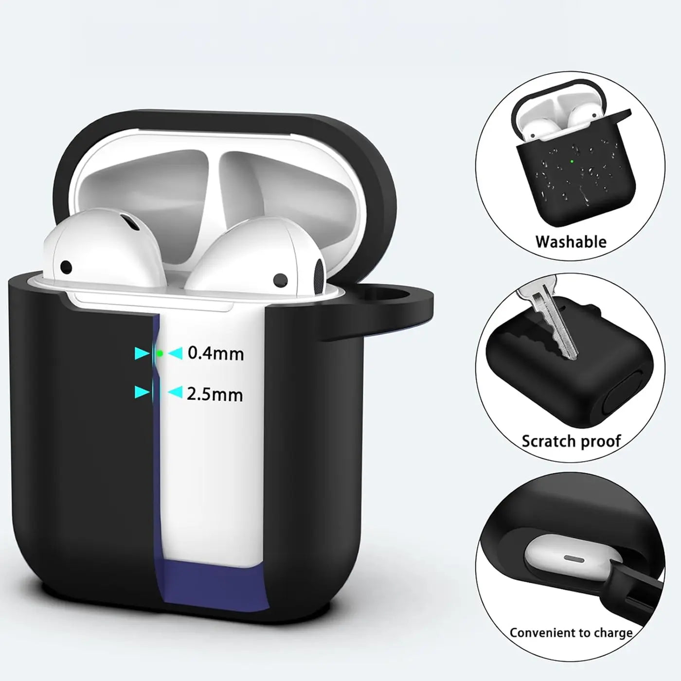 Schwarze Silikonhülle für AirPods 1/2 Ladecase, mit Karabineröse, von vorne geöffnet, Schnittbild zeigt 0.4mm/2.5mm Dicke.