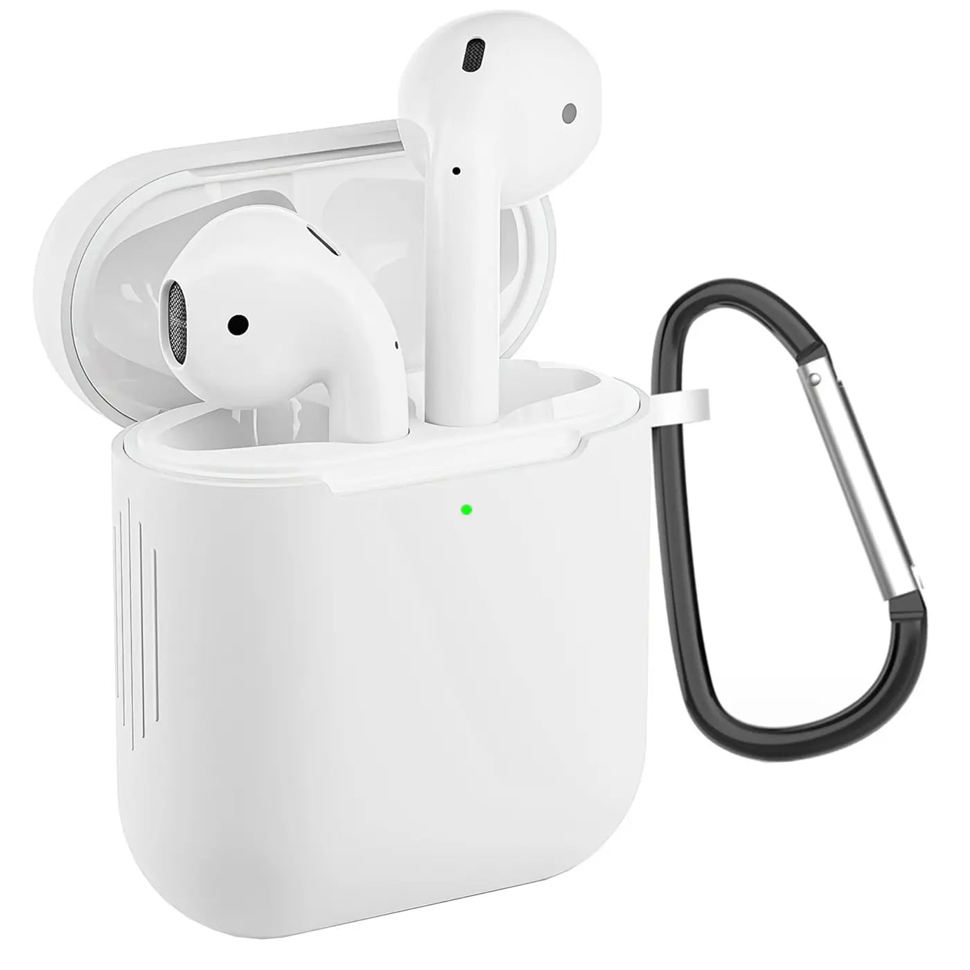 Weiße Silikonhülle für AirPods 1/2 mit offenem Deckel, darin zwei AirPods. Grünes LED leuchtet. Schwarzer Karabinerhaken.