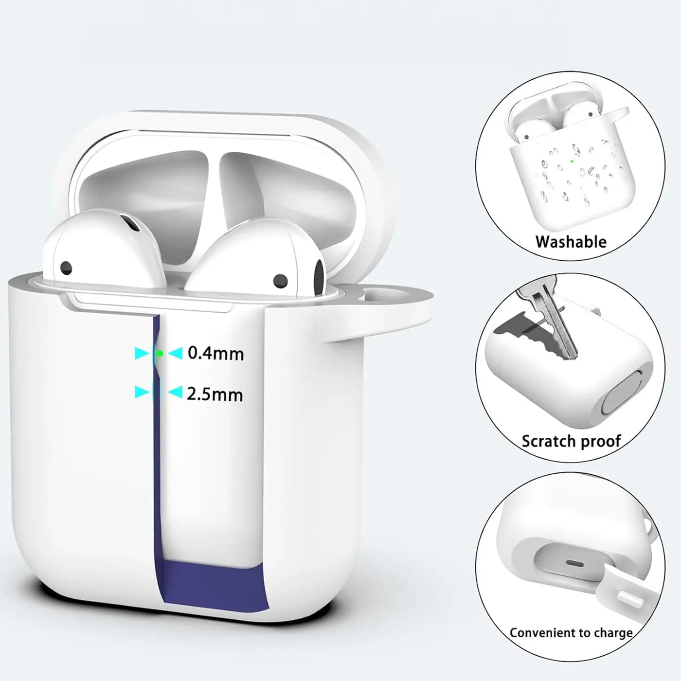 Weiße Silikonhülle für AirPods 1/2, offen mit eingesetzten AirPods, Frontansicht. Rechts Details zu Waschbarkeit und Schutz.