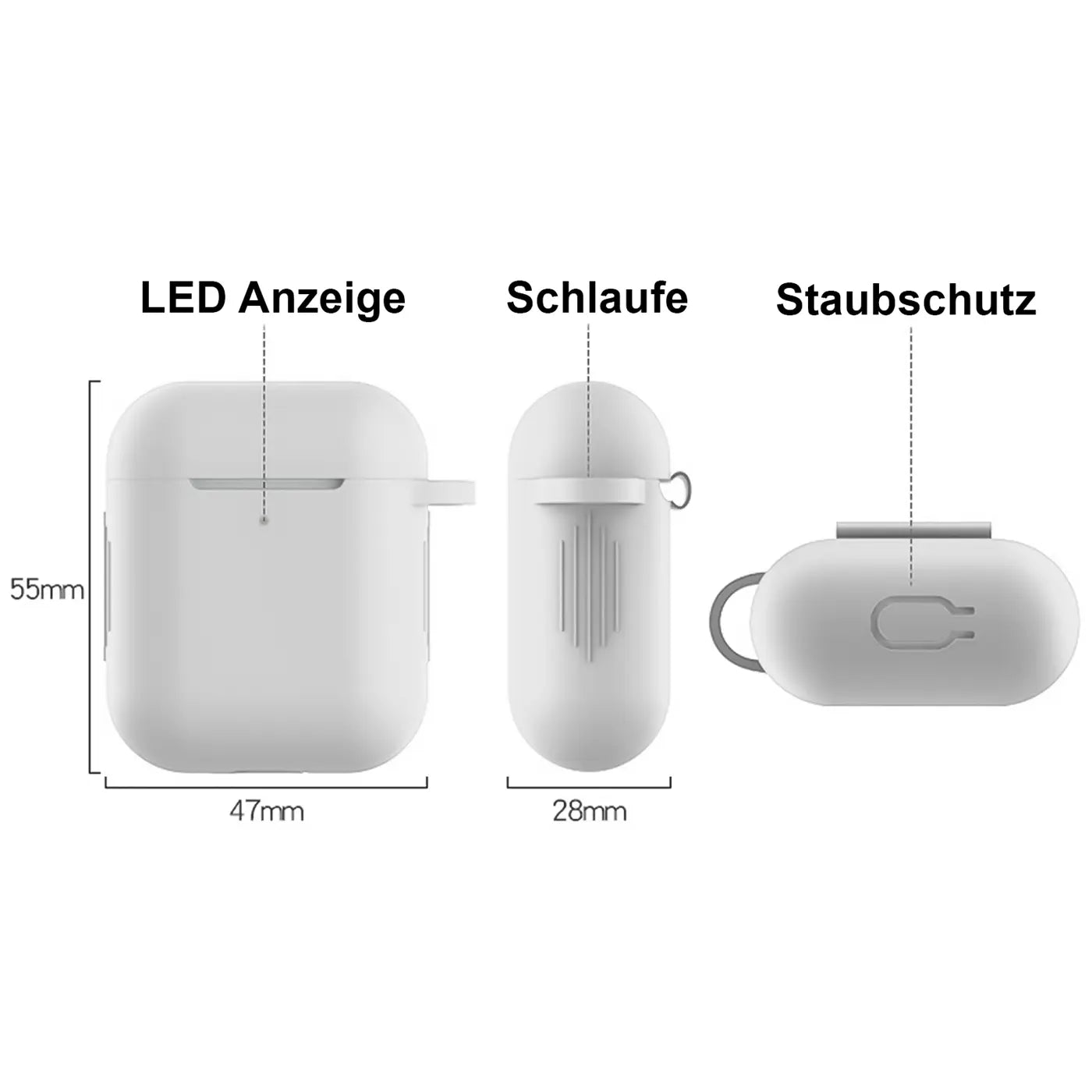 Drei Ansichten einer weißen Silikonhülle für AirPods 1/2 mit Karabiner, LED-Anzeige, Schlaufe und Staubschutz.