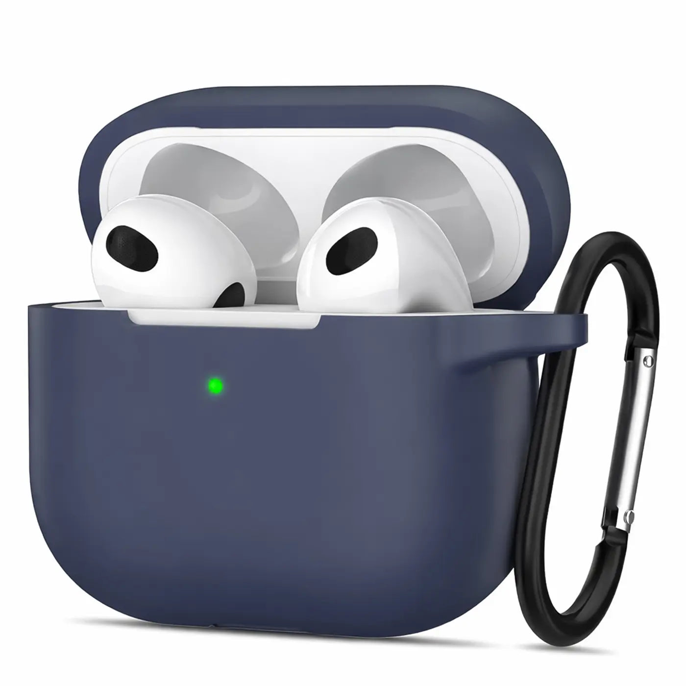 Dunkelblaue Silikonhülle für AirPods 3 mit offenem Deckel, darin weiße AirPods, grünes LED, schwarzer Karabiner. Frontal.