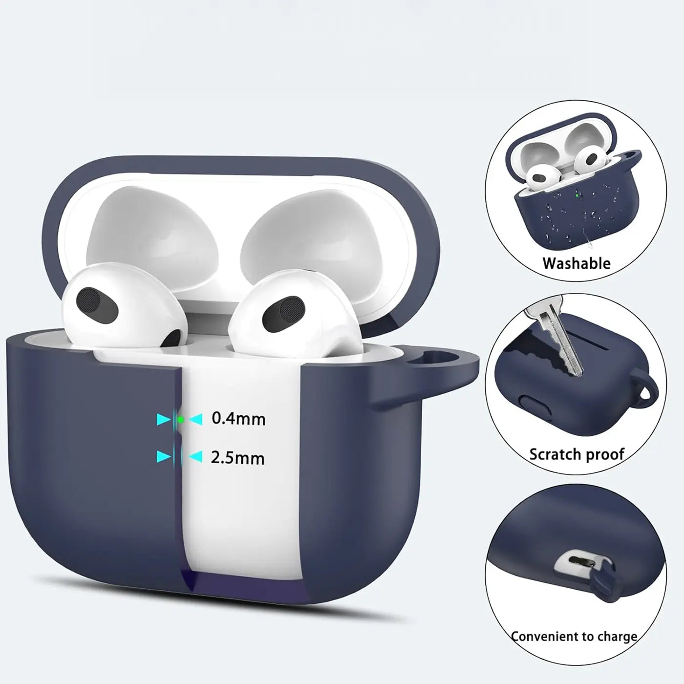 Dunkelblaue Silikonhülle für AirPods 3, offen mit eingesetzten Kopfhörern, Schnittansicht zeigt 0.4mm/2.5mm Dicke.