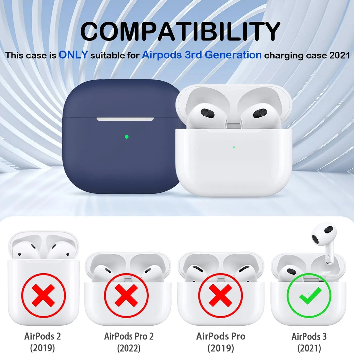 Dunkelblaue Silikonhülle für AirPods 3 Ladecase, daneben offenes weißes AirPods 3 Case mit Kopfhörern.