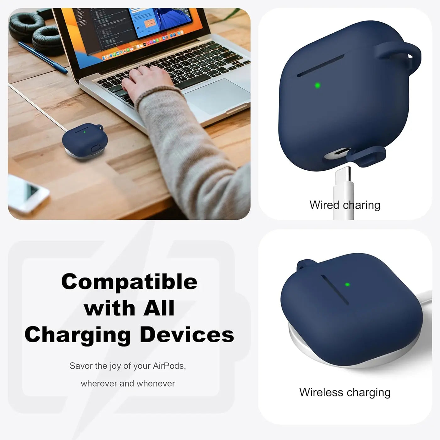 Dunkelblaue Silikonhülle für AirPods 3, von oben und seitlich gezeigt, beim kabelgebundenen und kabellosen Laden.