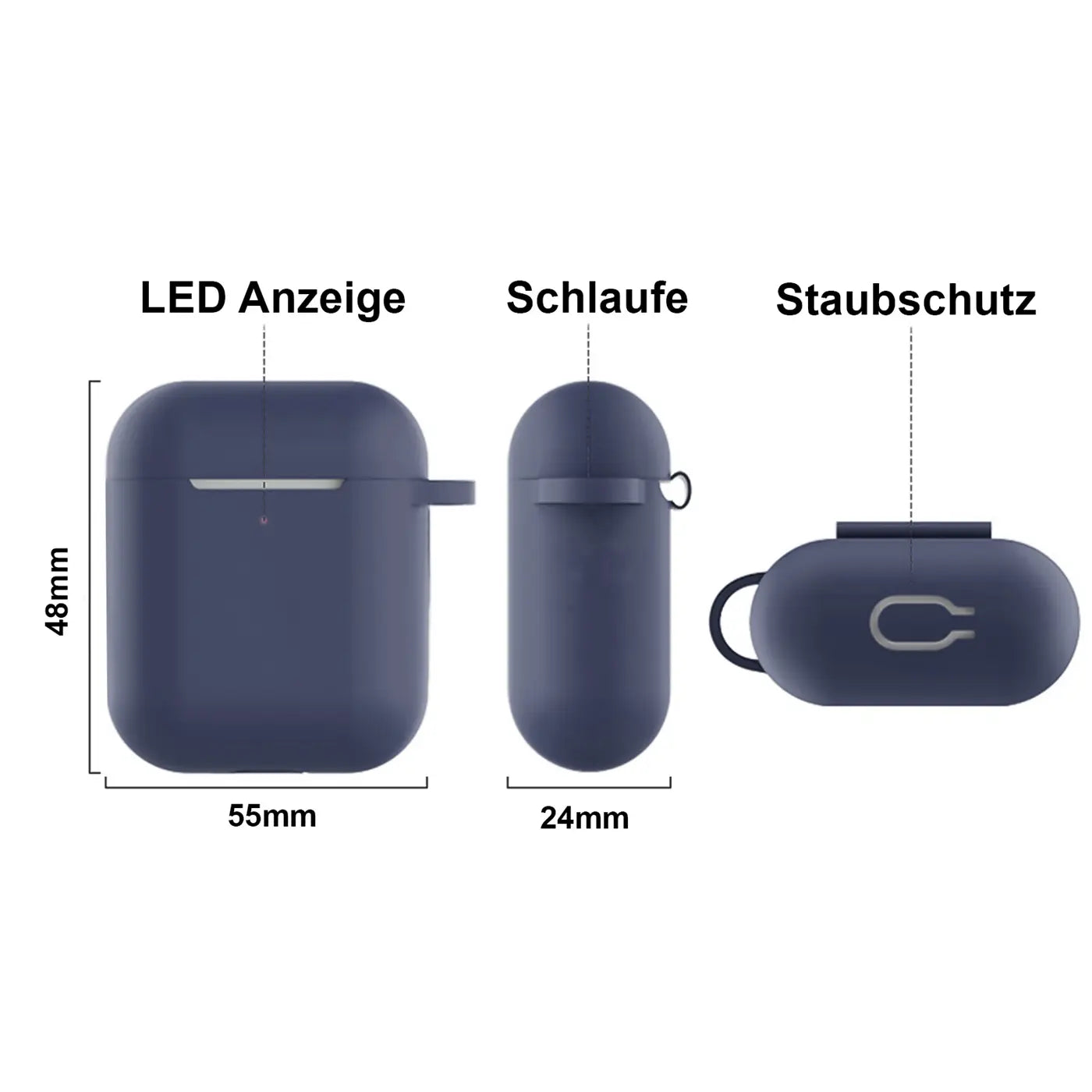 Drei Ansichten einer dunkelblauen Silikonhülle für AirPods 3: Front, Seite mit Schlaufe, Oberseite mit Staubschutz.