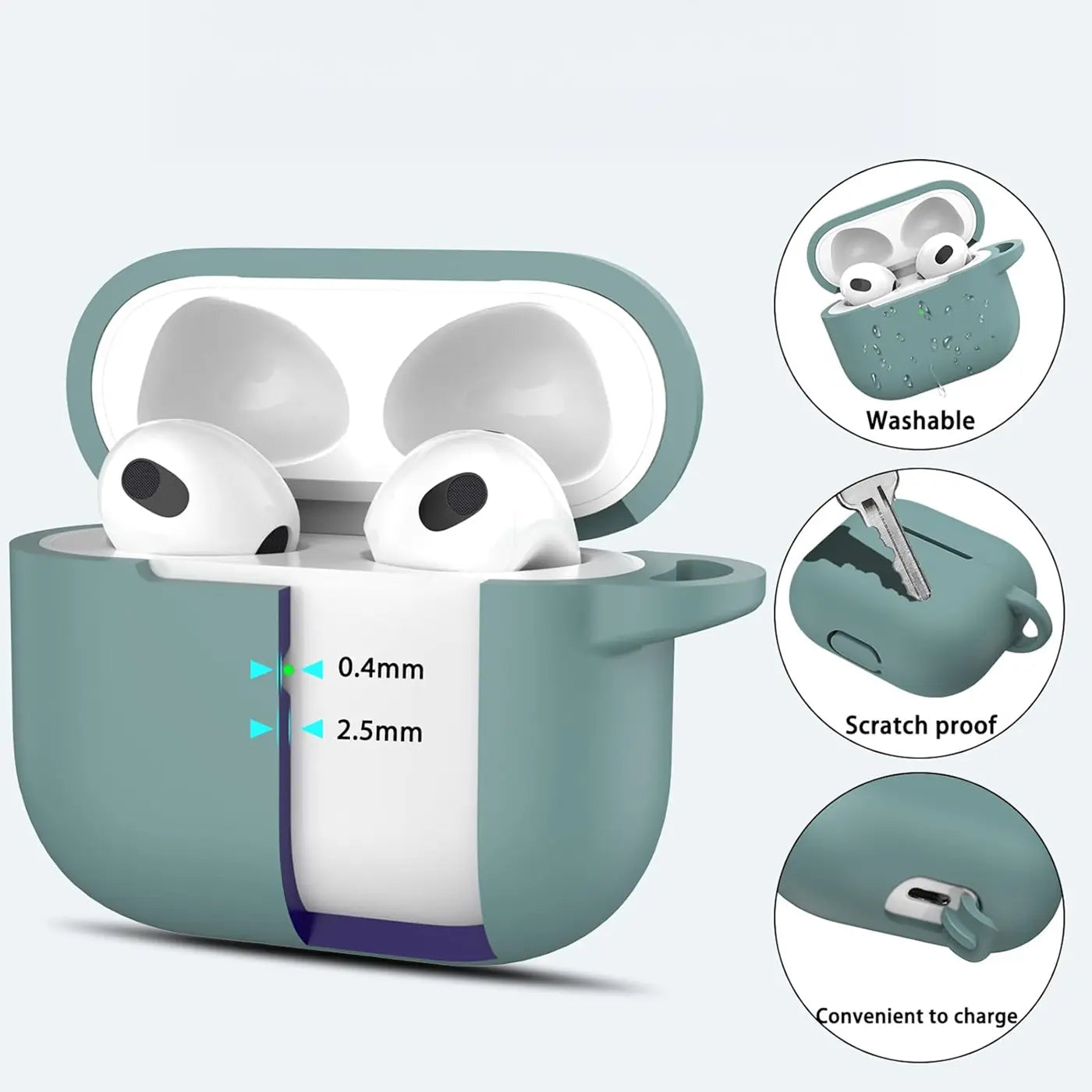 Grüne Silikonhülle für AirPods 3, offen mit Ohrhörern, von vorne. Rechts Details zu Waschbarkeit, Kratzschutz, Ladeanschluss.