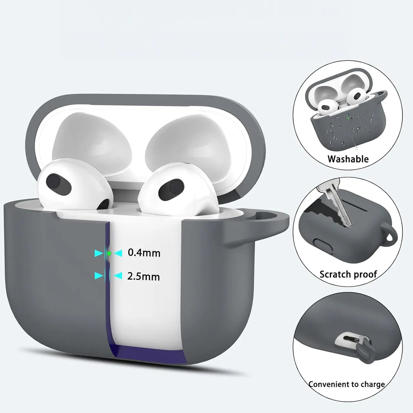 Graue Silikonhülle für AirPods 3, offen mit eingesetzten Kopfhörern, schräg von vorne. Schnittbild zeigt 0.4mm/2.5mm Dicke.