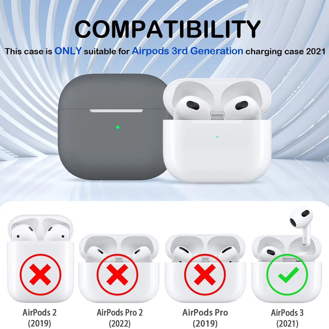 Graue Silikonhülle für AirPods 3 Ladecase, daneben offenes weißes AirPods 3 Case mit Kopfhörern. Kompatibilitätstabelle.