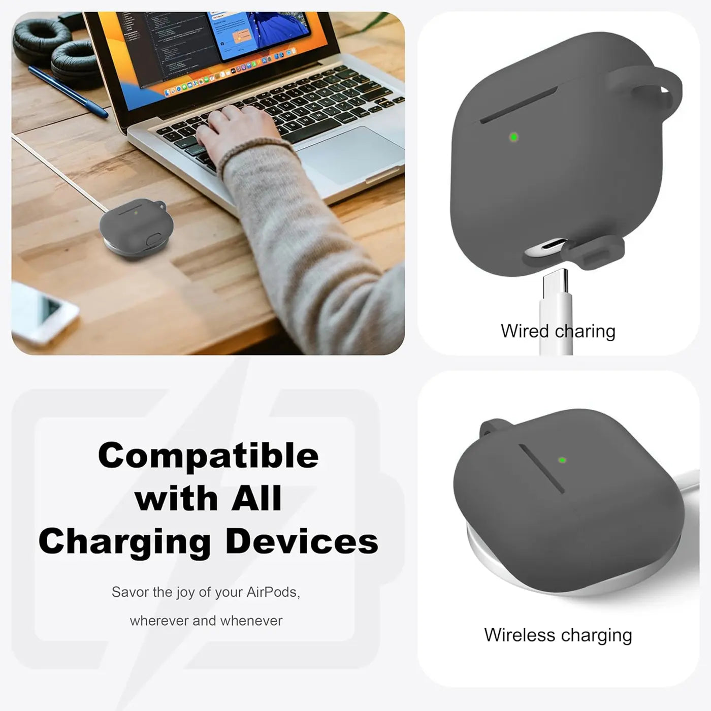 Dunkelgraue Silikonhülle für AirPods 3 mit Karabiner, von oben und seitlich gezeigt, beim Laden.