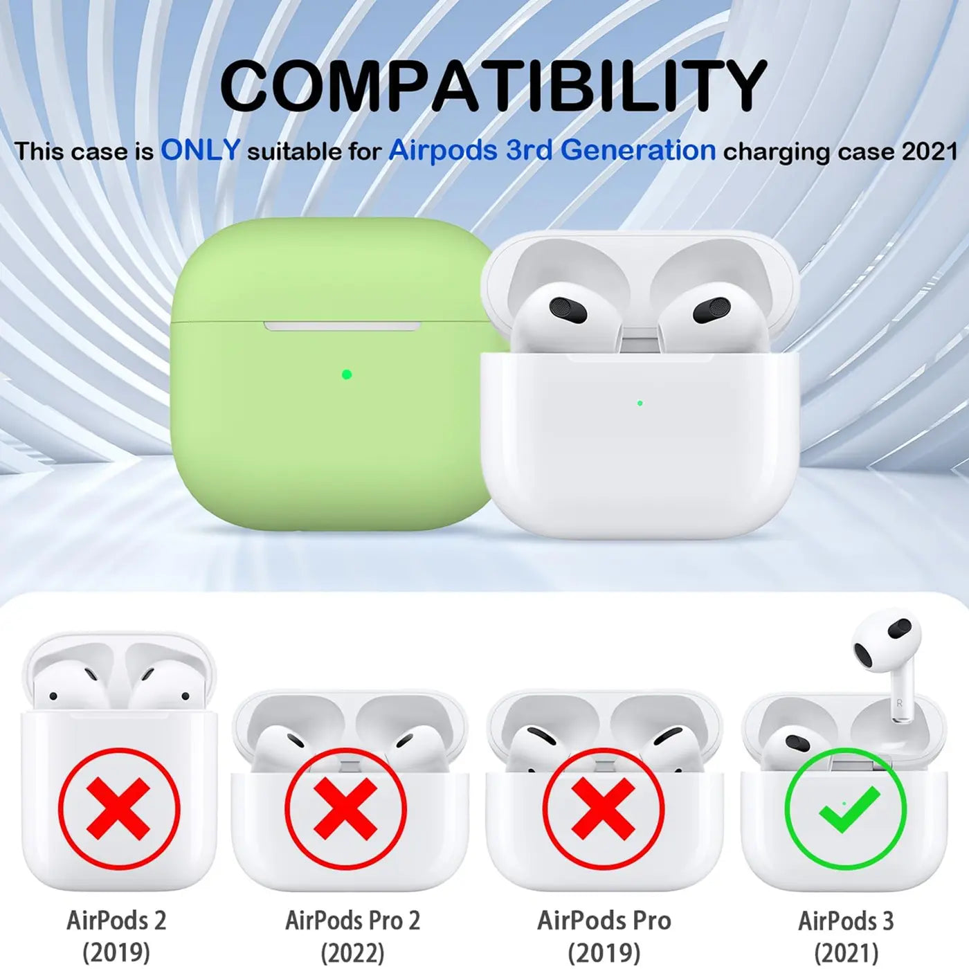 Grüne Silikonhülle für AirPods 3 Ladecase, daneben ein offenes weißes AirPods 3 Case mit Ohrhörern.
