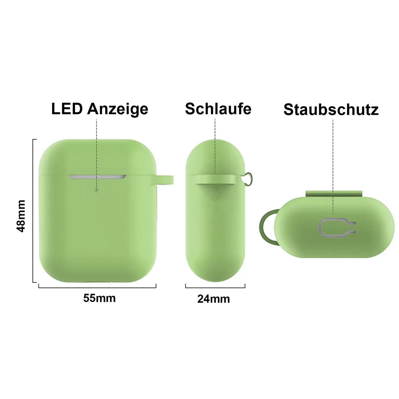 Grüne Silikonhülle für AirPods 3 mit Karabiner, von vorne, Seite und oben, mit Maßen und Beschriftungen.