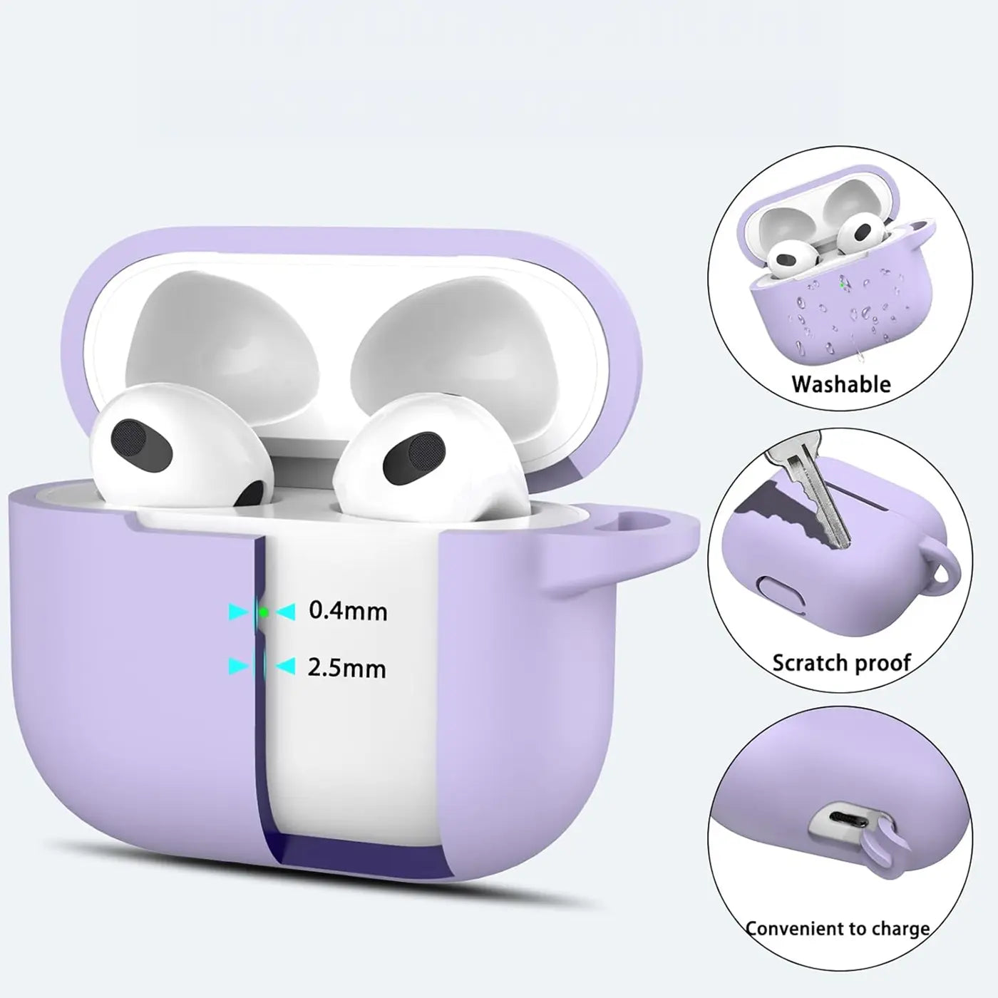 Lila Silikonhülle für AirPods 3, offen mit eingesetzten Kopfhörern, von vorne. Zeigt Dicke und Ladeanschluss.