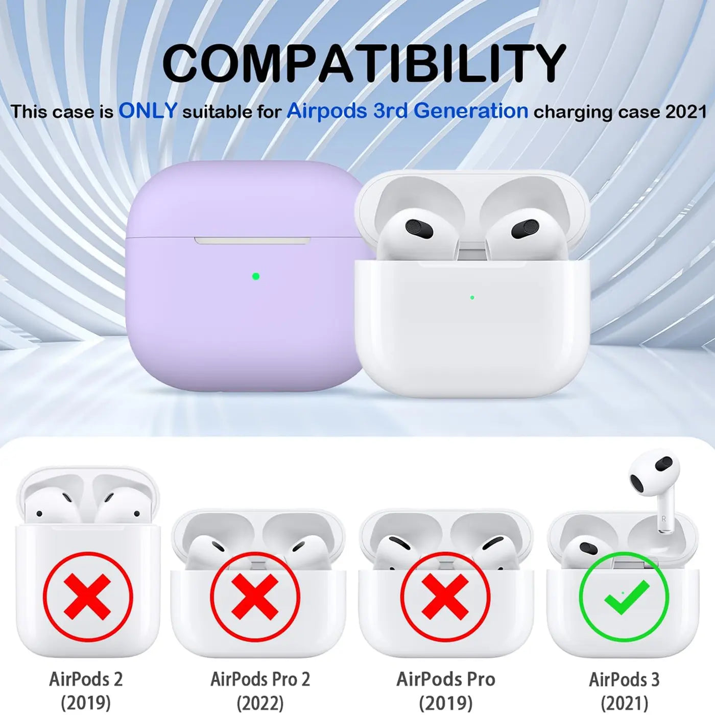 Lila Silikonhülle für AirPods 3 Ladecase, daneben ein weißes AirPods 3 Ladecase mit geöffnetem Deckel und AirPods.