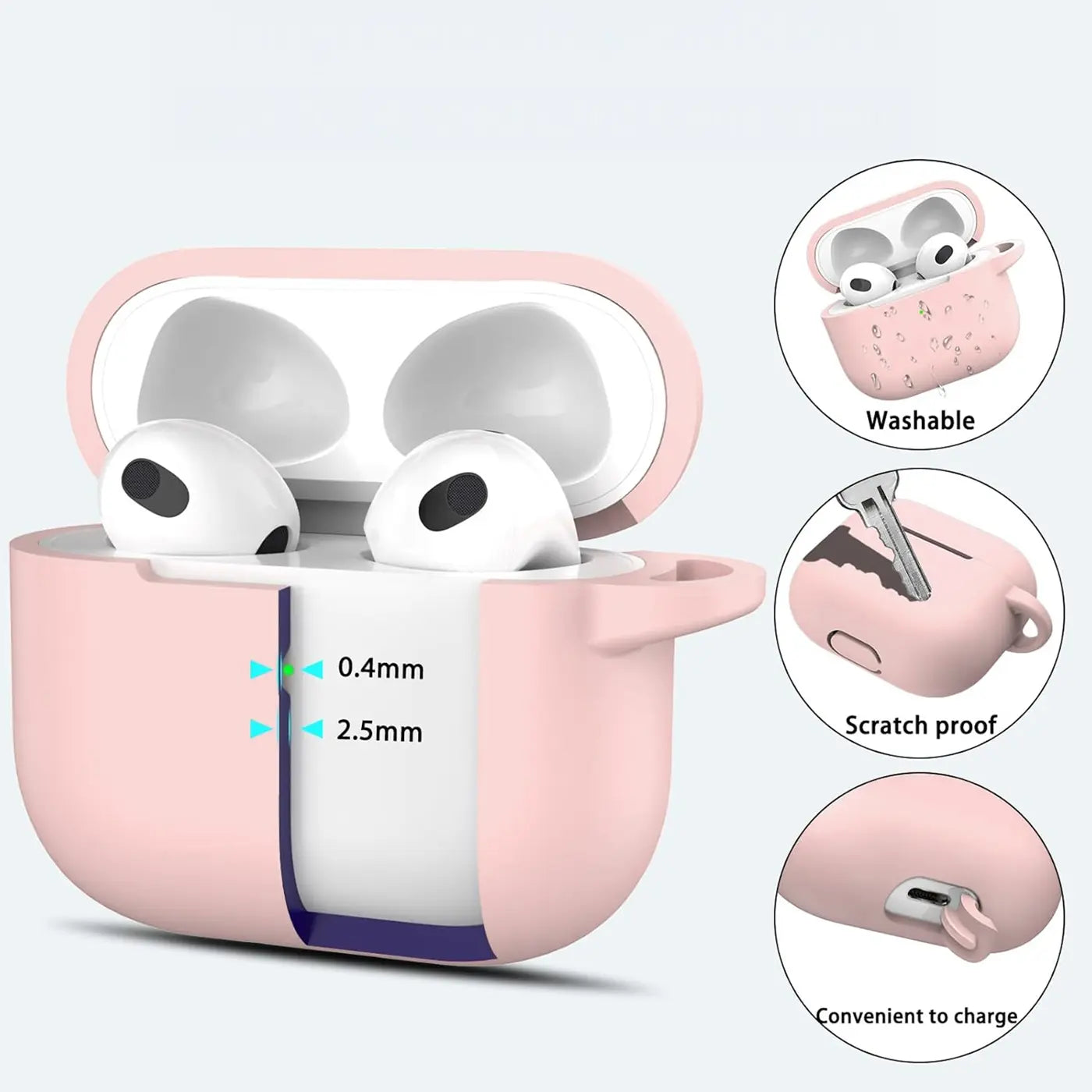 Rosa Silikonhülle für AirPods 3 mit offenem Deckel, Schnittbild zeigt 0.4mm/2.5mm Dicke. Mit Karabineröffnung.