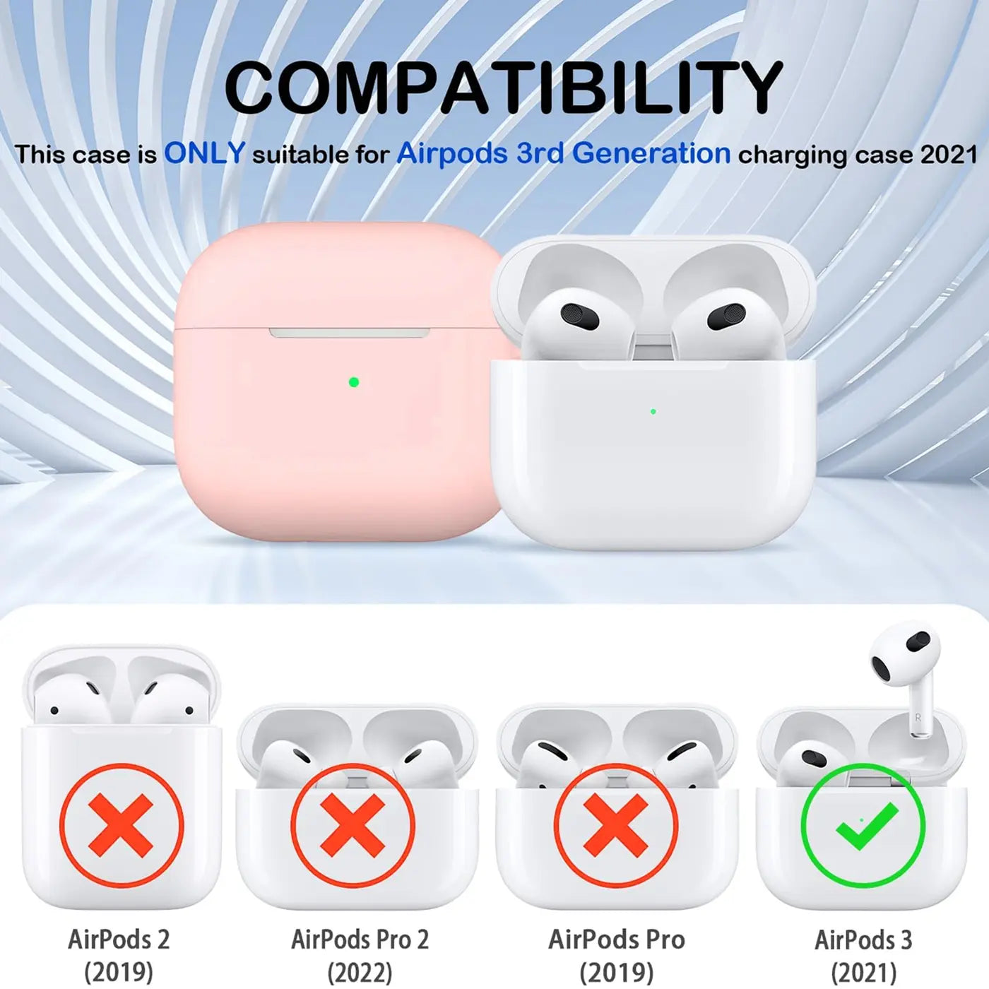 Rosa Silikonhülle für AirPods 3 Ladecase, daneben offenes weißes AirPods 3 Case. Unten Kompatibilitätsübersicht.