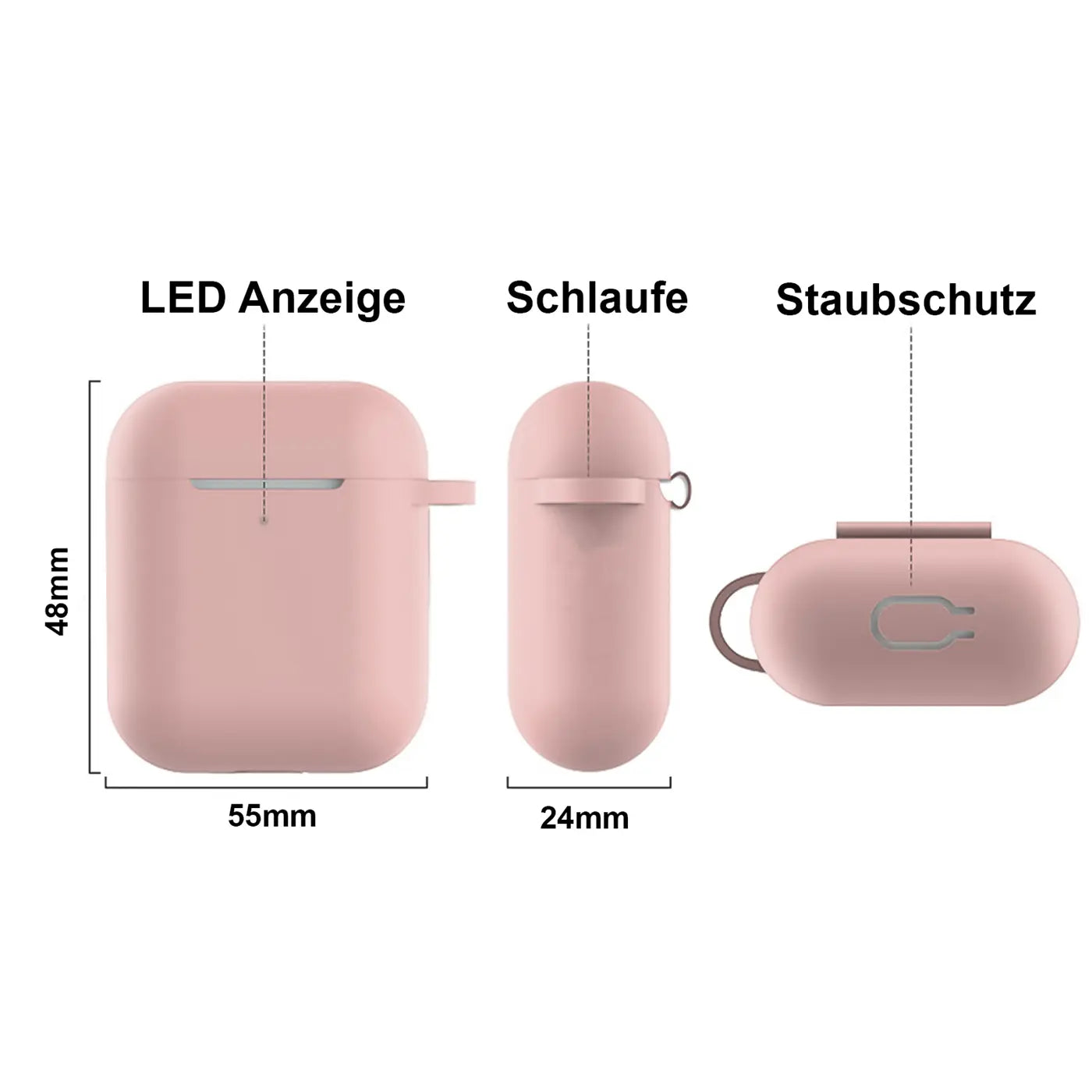 Drei Ansichten einer rosa Silikonhülle für AirPods 3 mit Karabiner: frontal, seitlich und von unten mit Maßen.