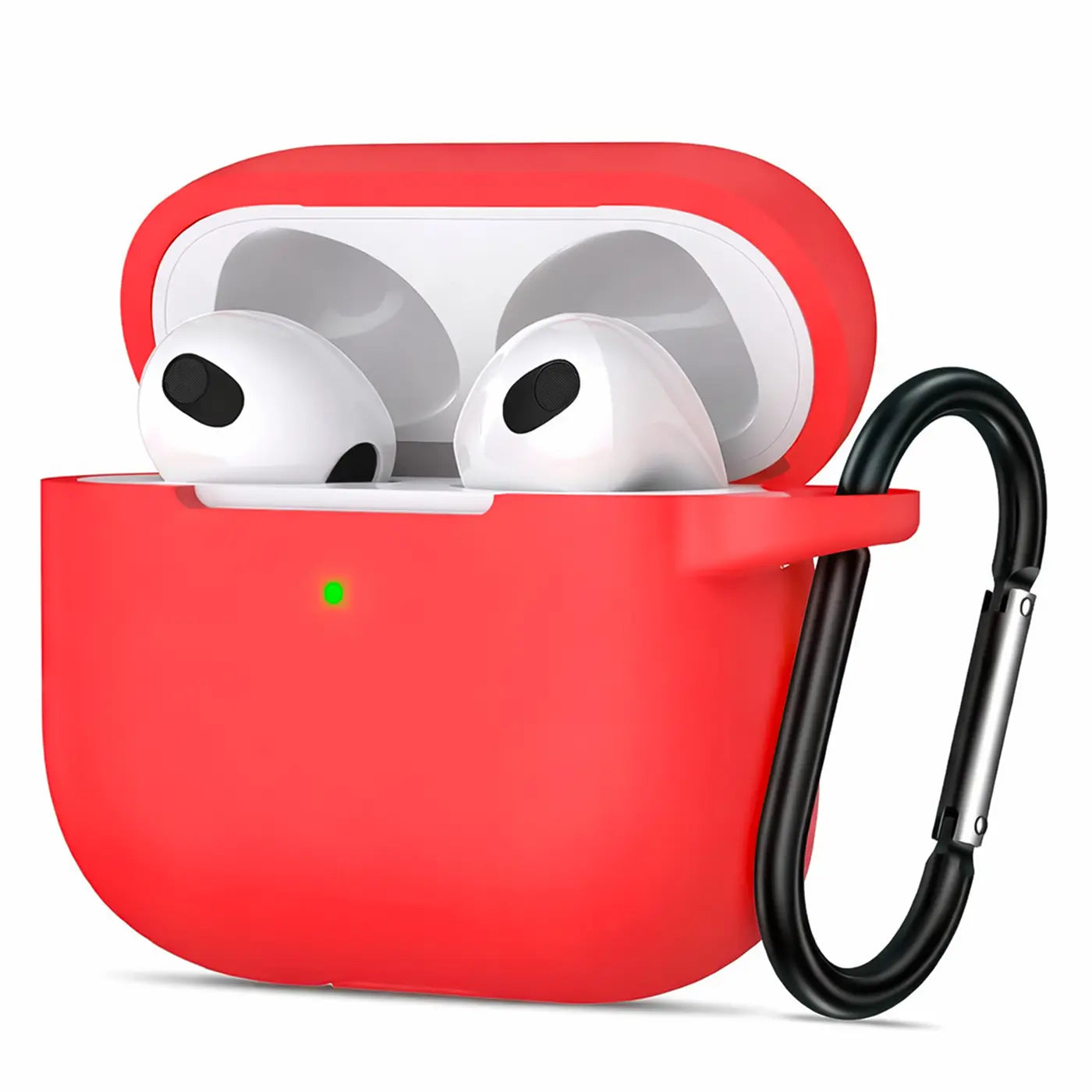 Rote Silikonhülle für AirPods 3, offen mit eingesetzten Kopfhörern und grünem LED-Licht, seitlich ein schwarzer Karabiner.