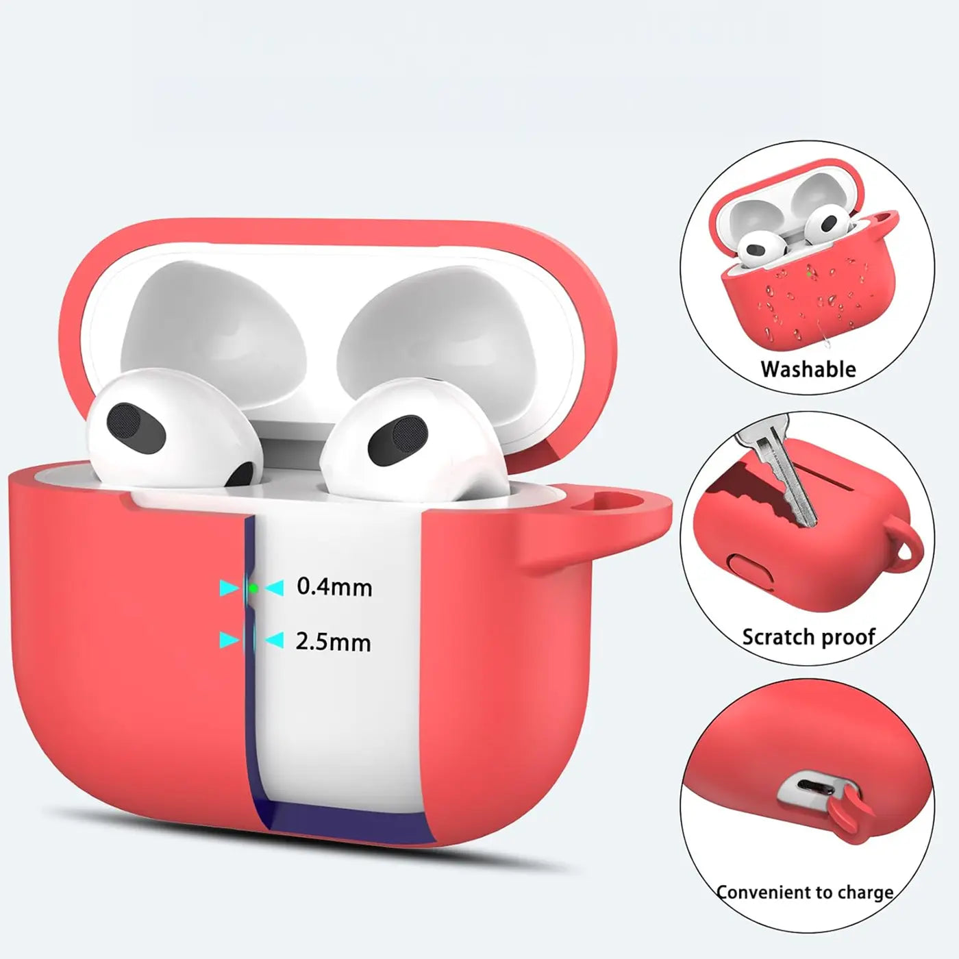 Rote Silikonhülle für AirPods 3, offen mit eingesetzten AirPods, von vorne. Schnittbild zeigt 0.4mm und 2.5mm Dicke.