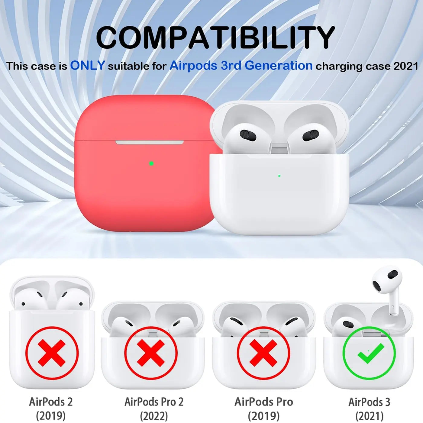 Rote Silikonhülle für AirPods 3 Ladecase, daneben offenes weißes AirPods 3 Ladecase mit Kopfhörern. Kompatibilitätstabelle.
