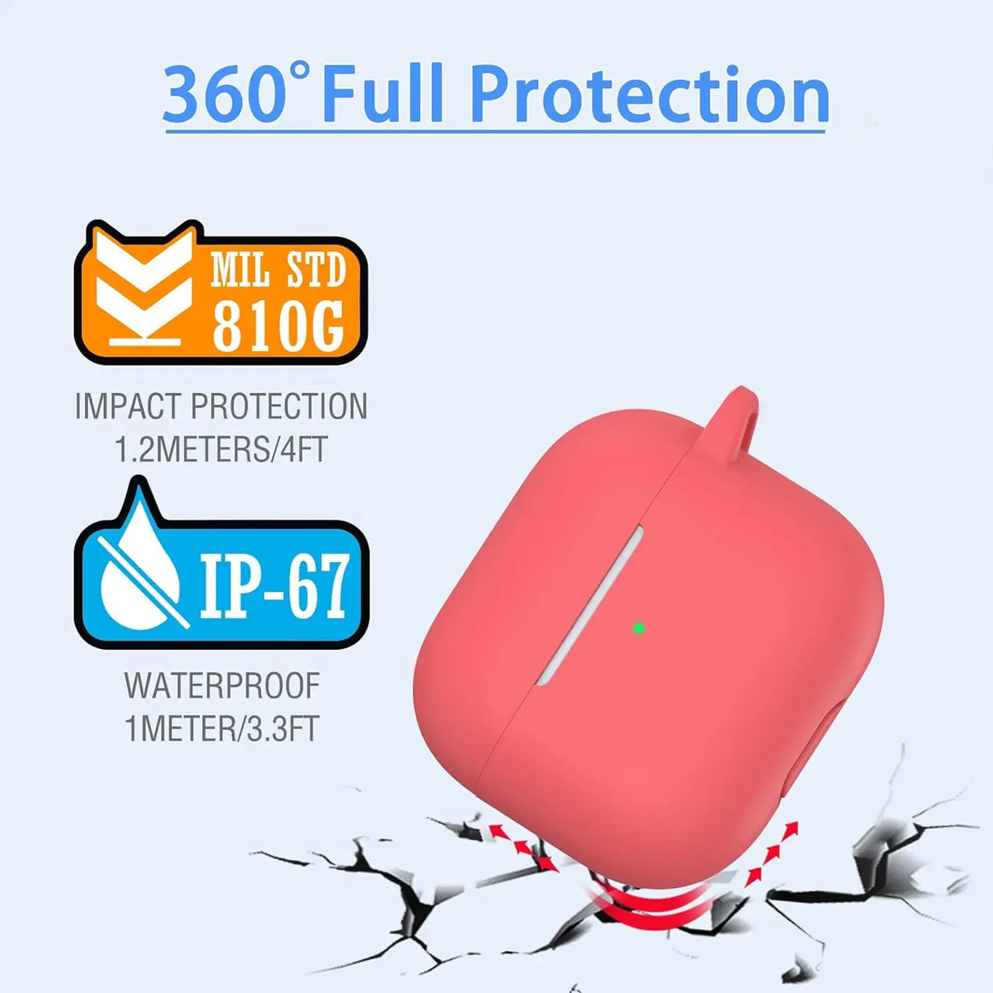 Rote Silikonhülle für AirPods 3 mit Karabineröse, schräg von oben, auf zerbrochenem Untergrund, mit Schutz-Icons.