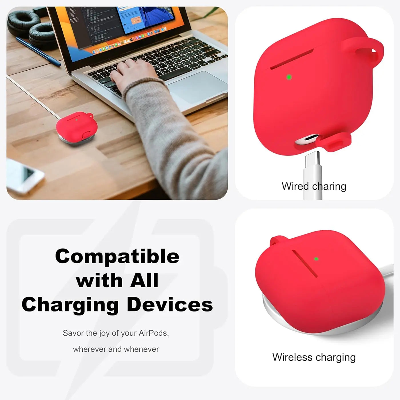Rote Silikonhülle für AirPods 3 mit Karabiner, von oben und schräg unten, beim kabelgebundenen und kabellosen Laden.