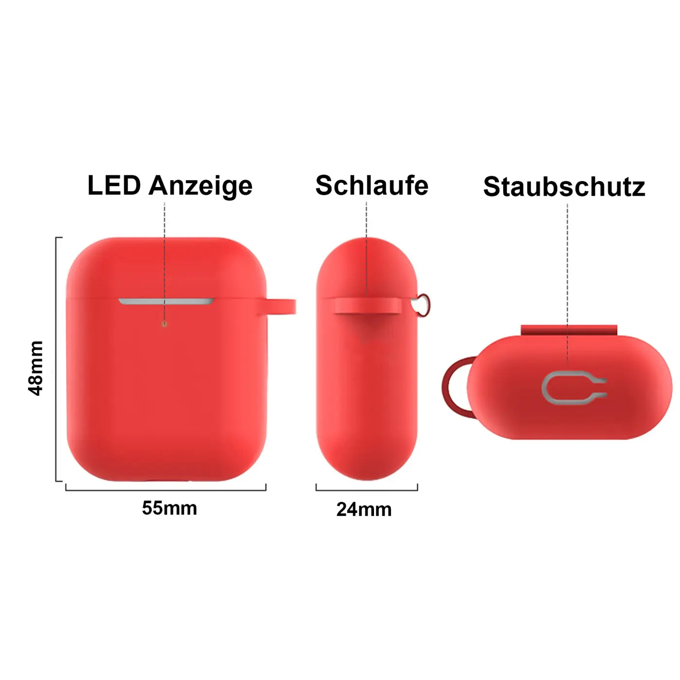 Rote Silikonhülle für AirPods 3, in drei Ansichten (Vorderseite, Seite, Oberseite) mit Maßen und Details.