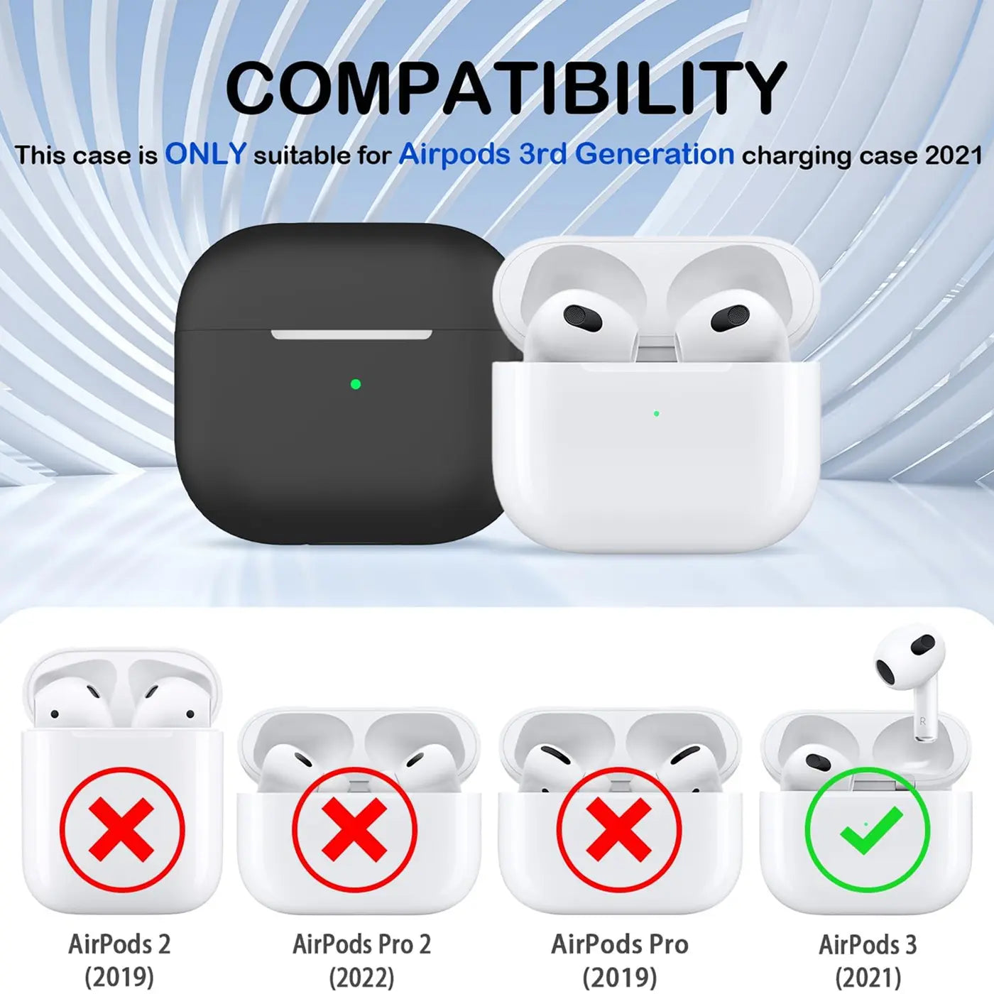 Schwarze Silikonhülle für AirPods 3 Ladecase, daneben ein weißes AirPods 3 Ladecase. Kompatibilitätstabelle darunter.