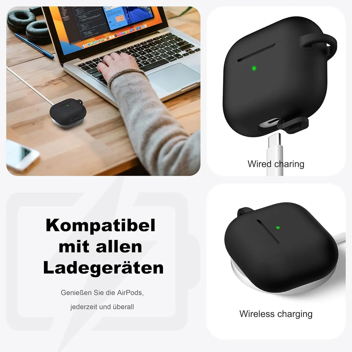 Silikon Schutzhülle für AirPods 3 mit Soft-Touch Oberfläche, Karabiner und LED-Sichtfenster - ideal für Alltag, Sport und Reisen
