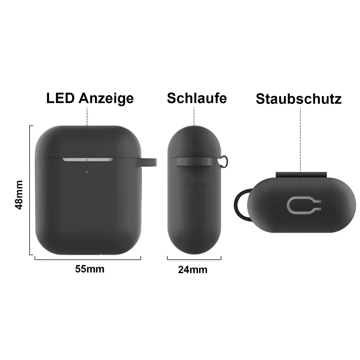 Drei Ansichten einer schwarzen Silikonhülle für AirPods 3: Vorderseite, Seitenansicht mit Schlaufe und Draufsicht mit.