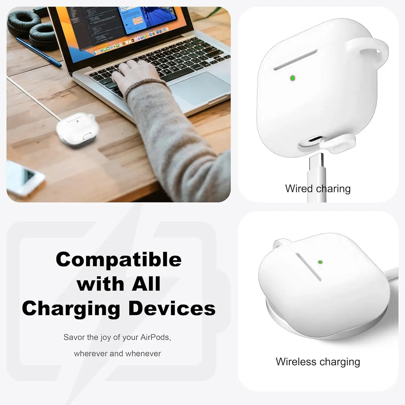 Weiße Silikonhülle für AirPods 3 mit Karabiner, von vorne und oben, beim kabelgebundenen und kabellosen Laden.
